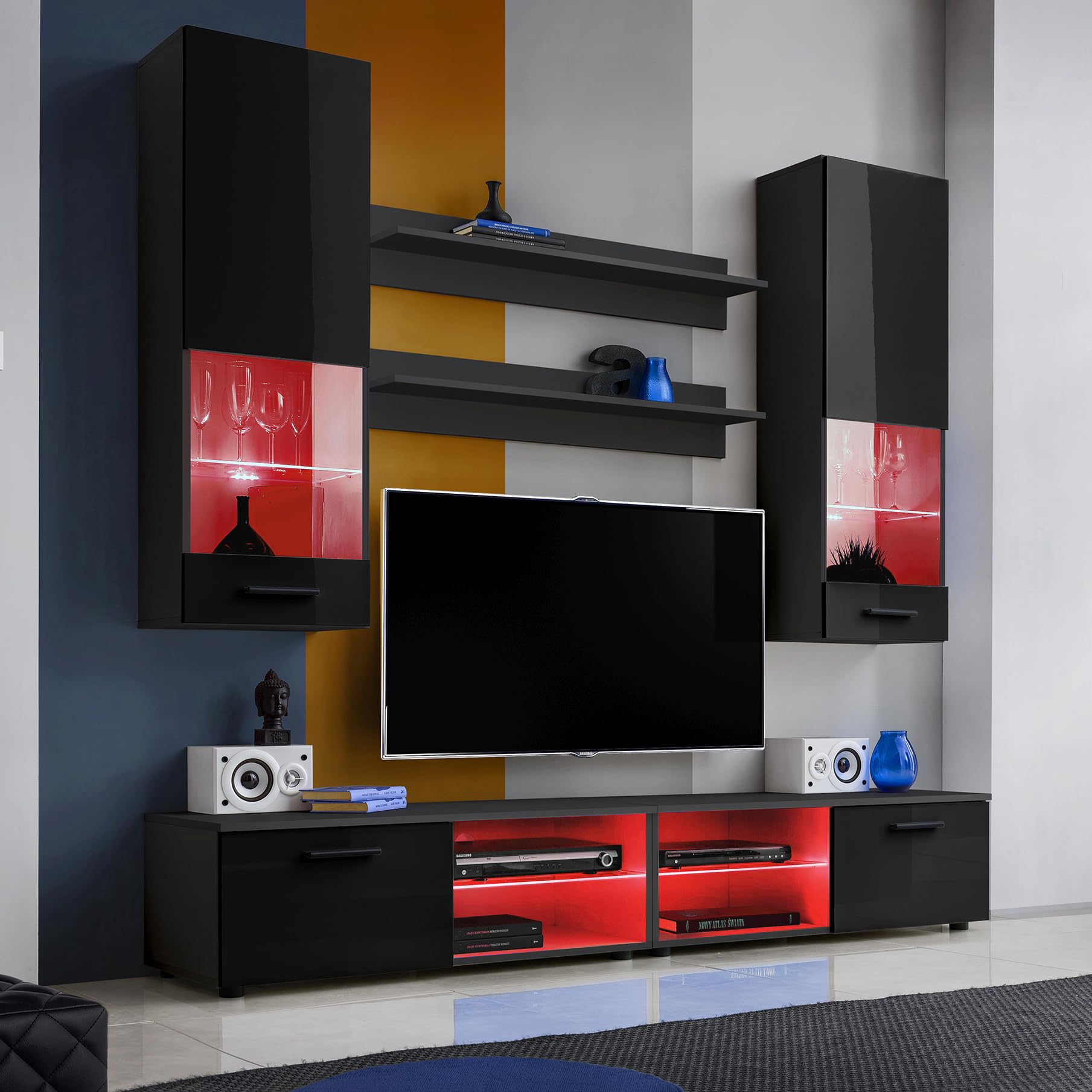 Komodee Wohnwand TV Varallo A2 Schwarz/Schwarz 200x195x45 cm