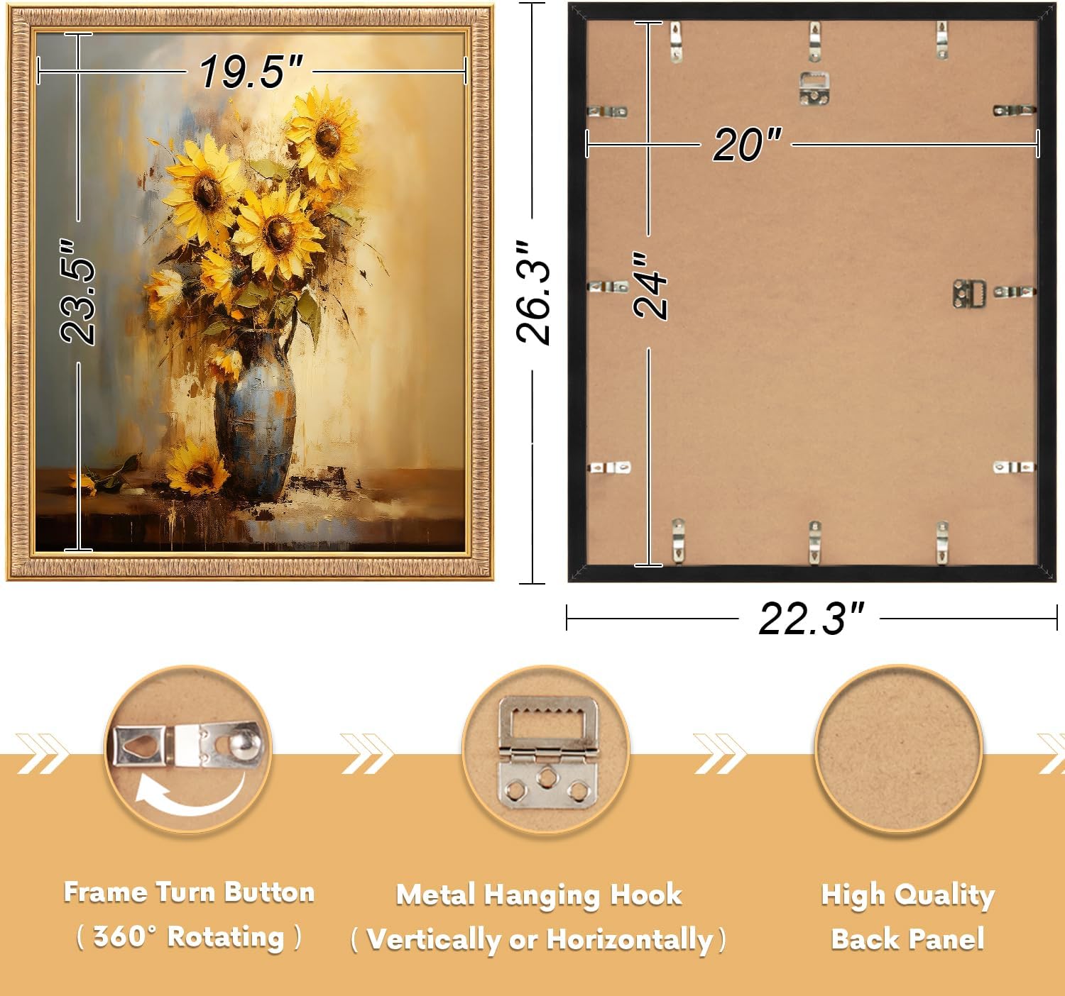 20x24 Picture Frame, Plexiglass 20x24 Vintage Photo Frame, 20 by 24 Poster Frame with Gold Border Horizontal & Vertical Display for Tabletop or Wall Decor (1 Pack)