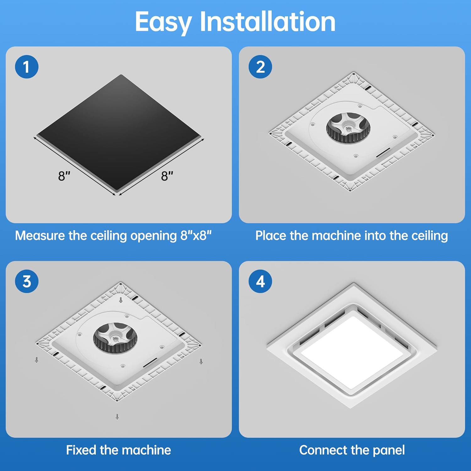 8 inch Bathroom Exhaust Fan with Light,3CCT(3000K,4500K,6000K, 1200lm), 110 CFM Powerful Ventilation, Ultra Quiet 1.0 Sone Ceiling Ventilation Fan for Bath, Bedroom, Laundry, 8”x8”Mount