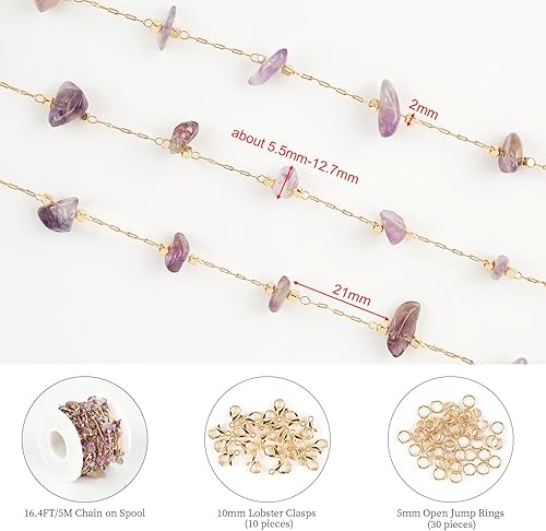 Miniatura 2 de KYUNHOO Cadena de latón chapada en oro de 16.4 ft para hacer joyas, collar de cristal de piedra natural irregular púrpura a granel con anillos de