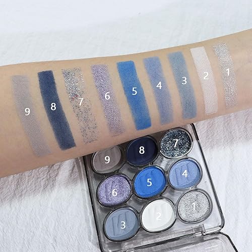Miniatura 5 de Paleta de sombras de ojos de 9 colores azul plateado mate brillo para maquillaje de ojos, alta pigmentación blanca y gris sombra de ojos