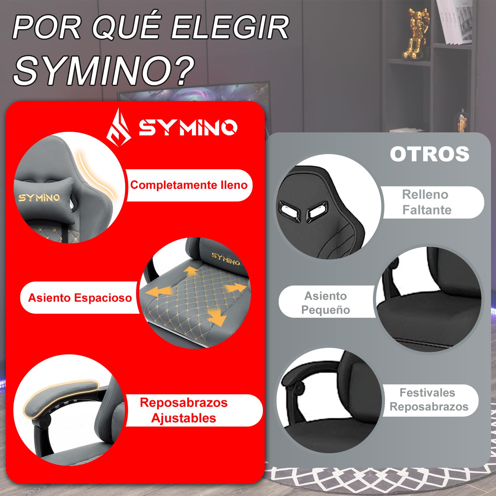 Symino Silla Gaming Ergonómica con Asiento de Espuma Alta Densidad – 150 kg, Reclinable con Soporte Lumbar, Reposabrazos Ergonómicos, Giratoria 360° para Oficina y Escritorio