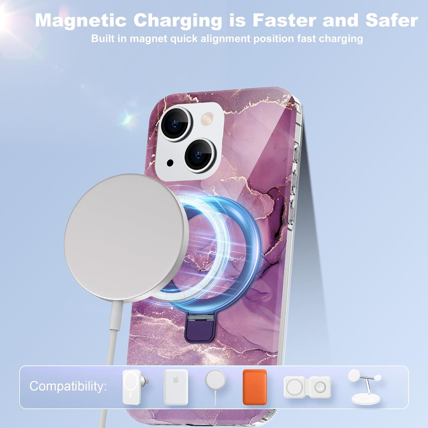 Compatible with iPhone 13/14 Case Marble Pattern with Magnetic Ring Stand [Compatible with Mag-Safe] TPU Protective Phone Case for iPhone 13/14 6.1" for Women, Marble Purple - Image 2