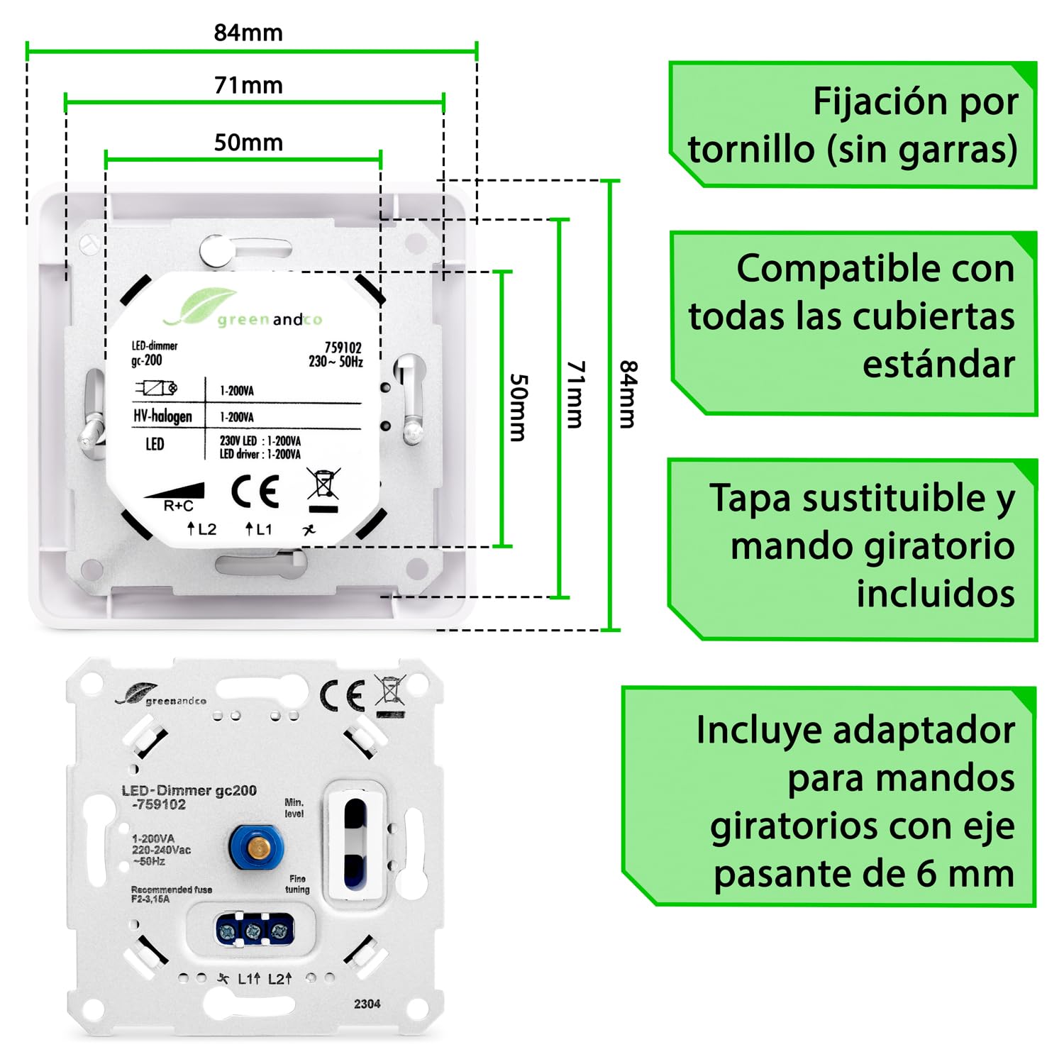 2x greenandco® gc-200 regulador de intensidad LED giratorio 1-200 W, también adecuado para bombillas convencionales y circuitos con conmutador, empotrable, blanco