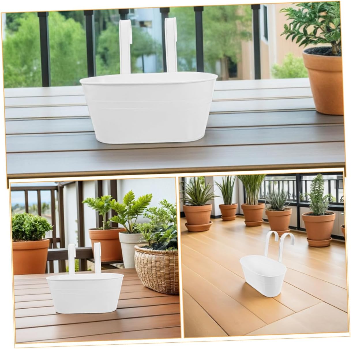 3pcs Iron Hanging Flower Buckets with Detachable Handles, Oval White Metal Planter Buckets for Balcony Patio Rail Hanging Planters, Indoor Outdoor Garden Flowerpot Holders