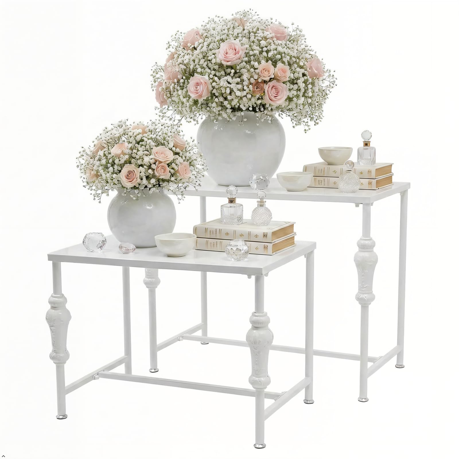 Retail Display Tables Vintage White Display Table Clothing Shoes Display Shelf Boutique Nesting Tables 2 Piece Set, Carbon Steel (White)