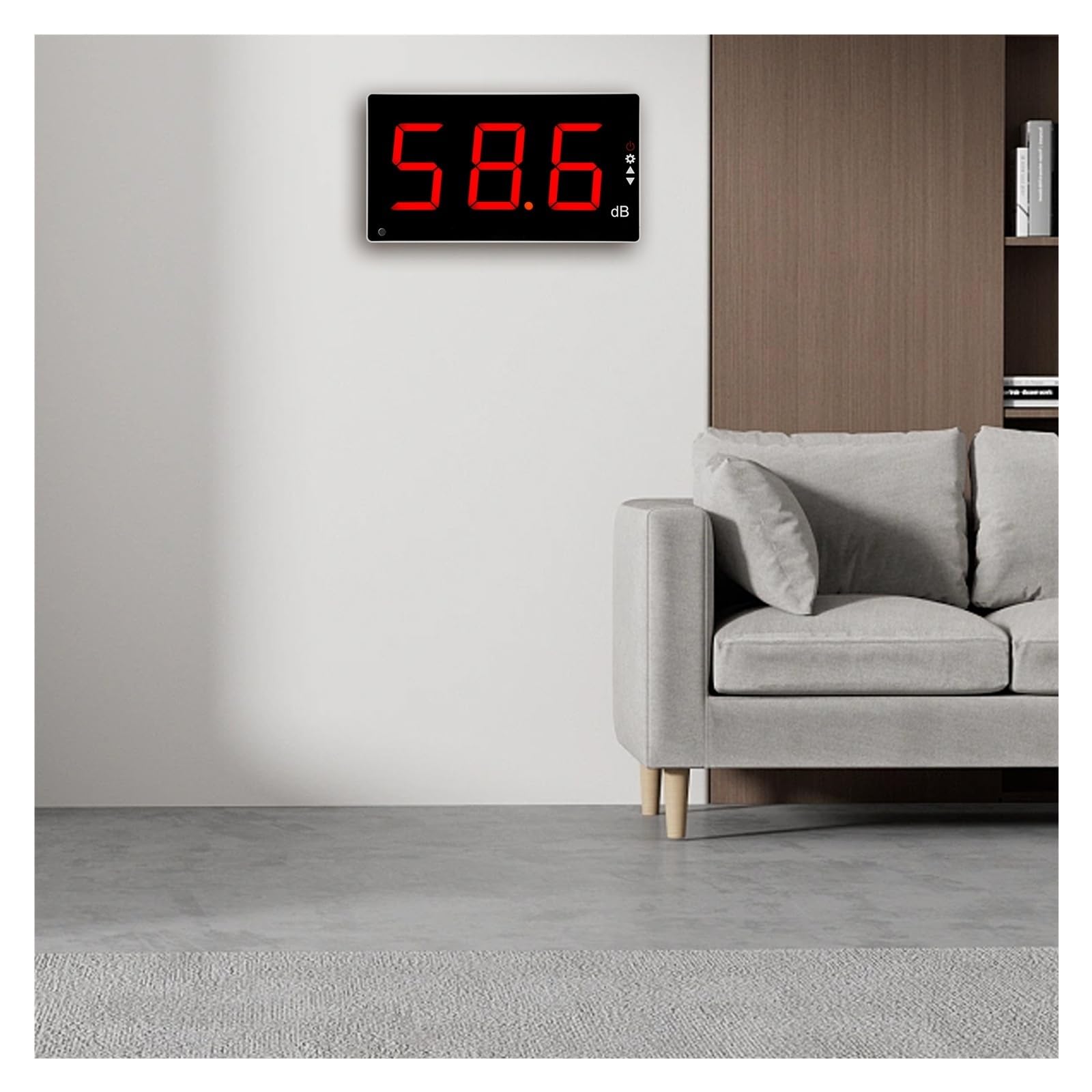 Medidor de decibelios, Sonómetro digital de pared con rango medición 30-130 dB y alarma sonora