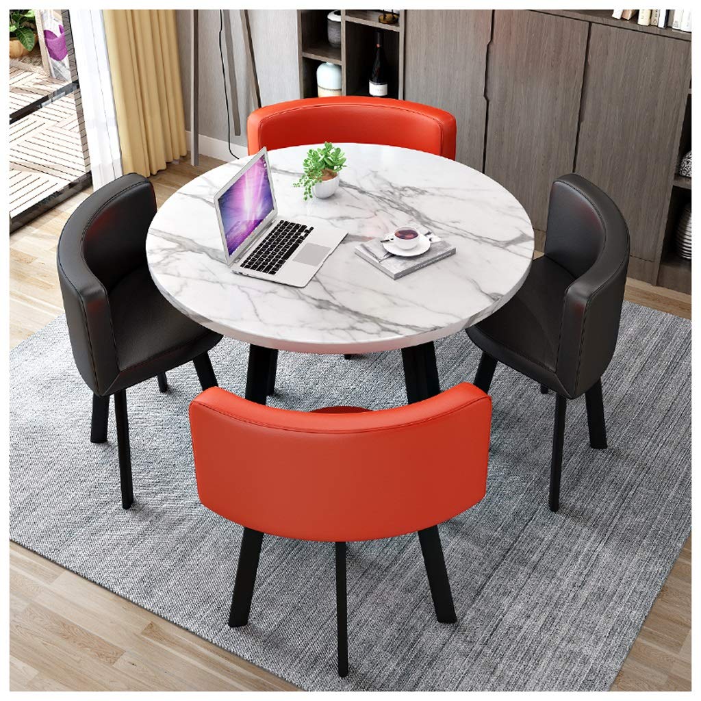 ASerZenith Balcony Dining Table Set With 4 Leather Chairs 5 Piece Kitchen Dining Furniture 80Cm/90Cm Round Wooden Table With Metal Legs Office Reception Leisure Table Black Color.,Red+Black-90Cm/35In
