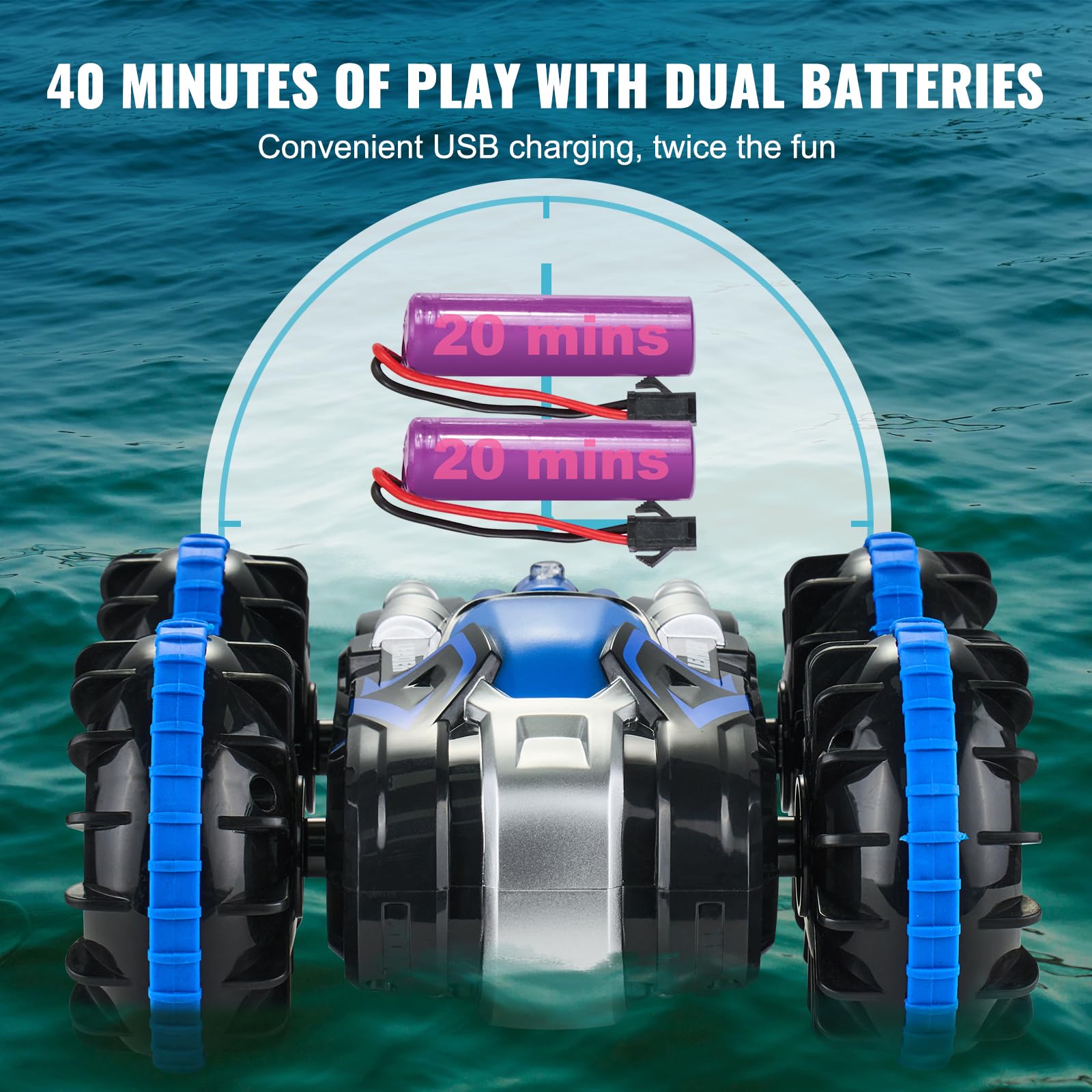VEVOR Voiture télécommandée amphibie, 4WD étanche 2,4 GHz pour enfants, voiture télécommandée rotative à 360° avec 2 batteries, jouet tout-terrain, plage, piscine pour garçons et filles de 6 ans et