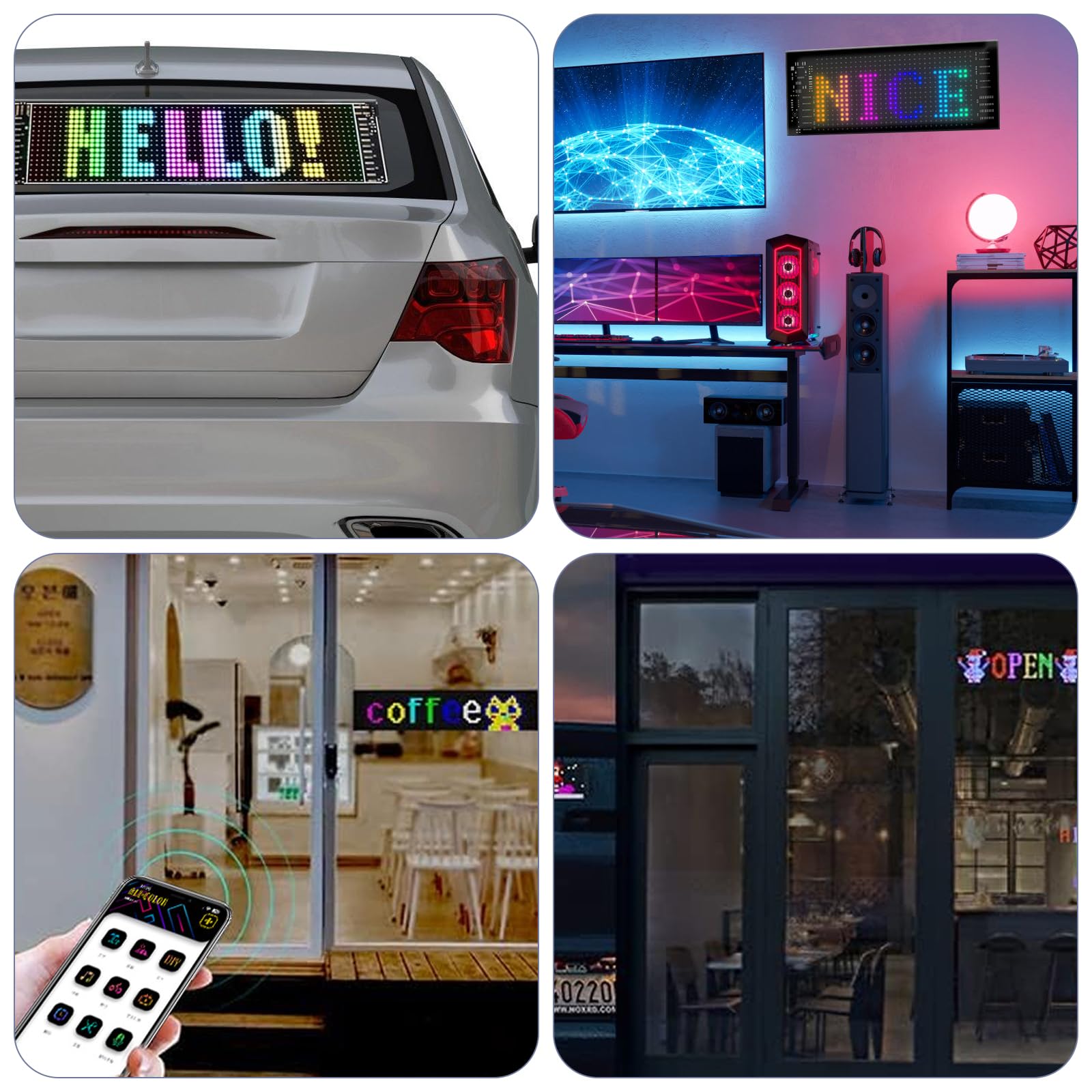 Pannello di visualizzazione a LED flessibile, 17,3 x 7 cm, programmabile, per auto, negozio, bar, graffiti, pubblicità, funzionamento USB, controllo smart app