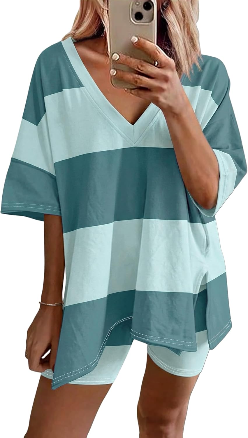 Ekouaer Womens Pajamas 2 Piece Lounge Sets Oversized V Neck T-Shirts Tops Biker Shorts Set Workout Reversible Tracksuit S-XXL