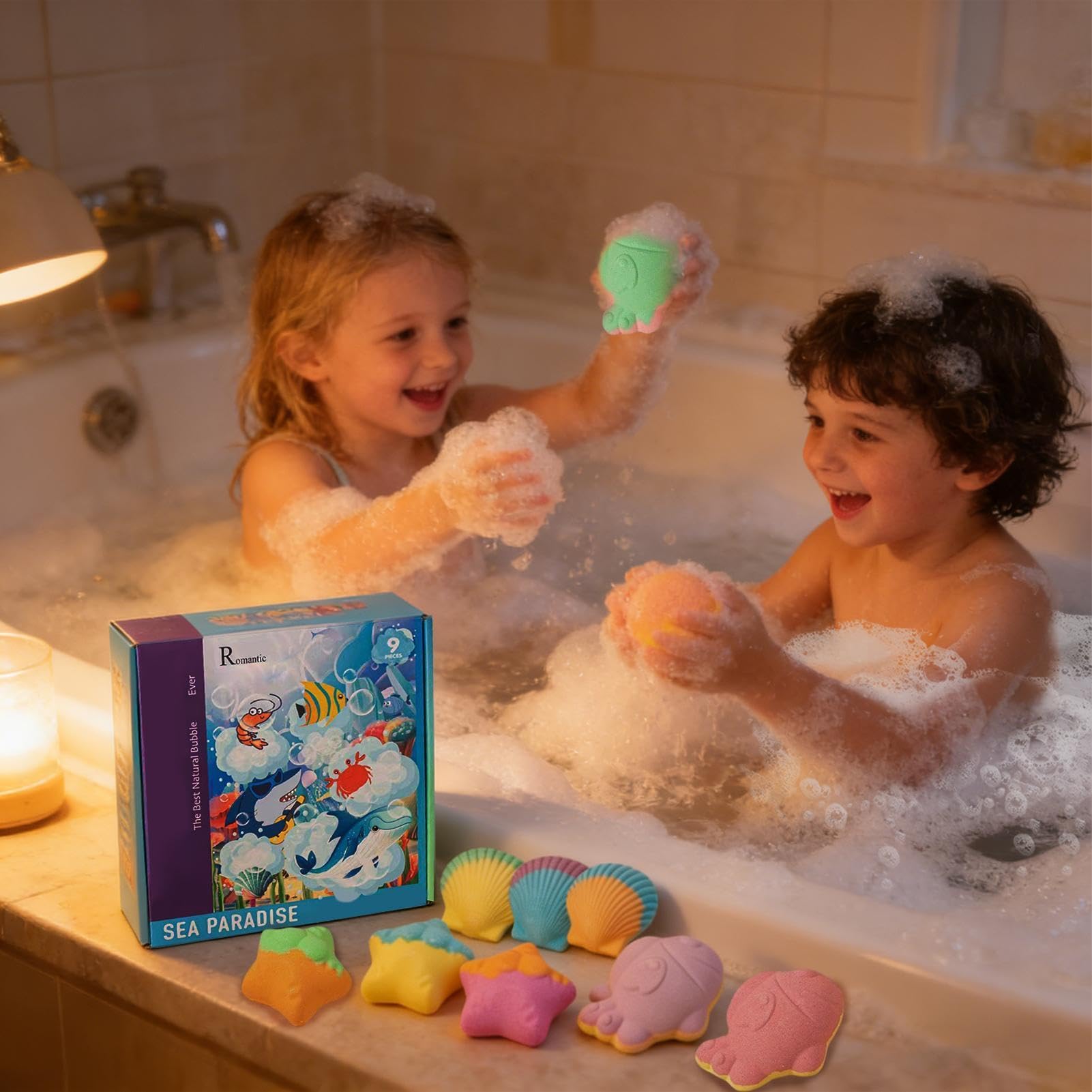 Bombas de Baño con de | 9 Unidades Tema Marino para Higiene Corporal | Bombas Efervescentes para Ducha | para Regalo de Cumpleaños, Viajes,