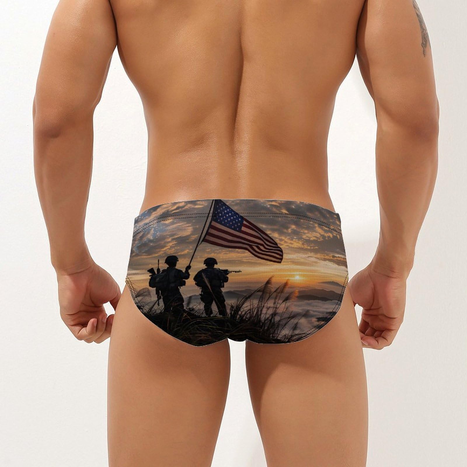 Silhouette of Soldiers with U.S Flag Mens Swim Briefs Bikini Swimwear Print Beach Shorts Sexy Swimsuit S
