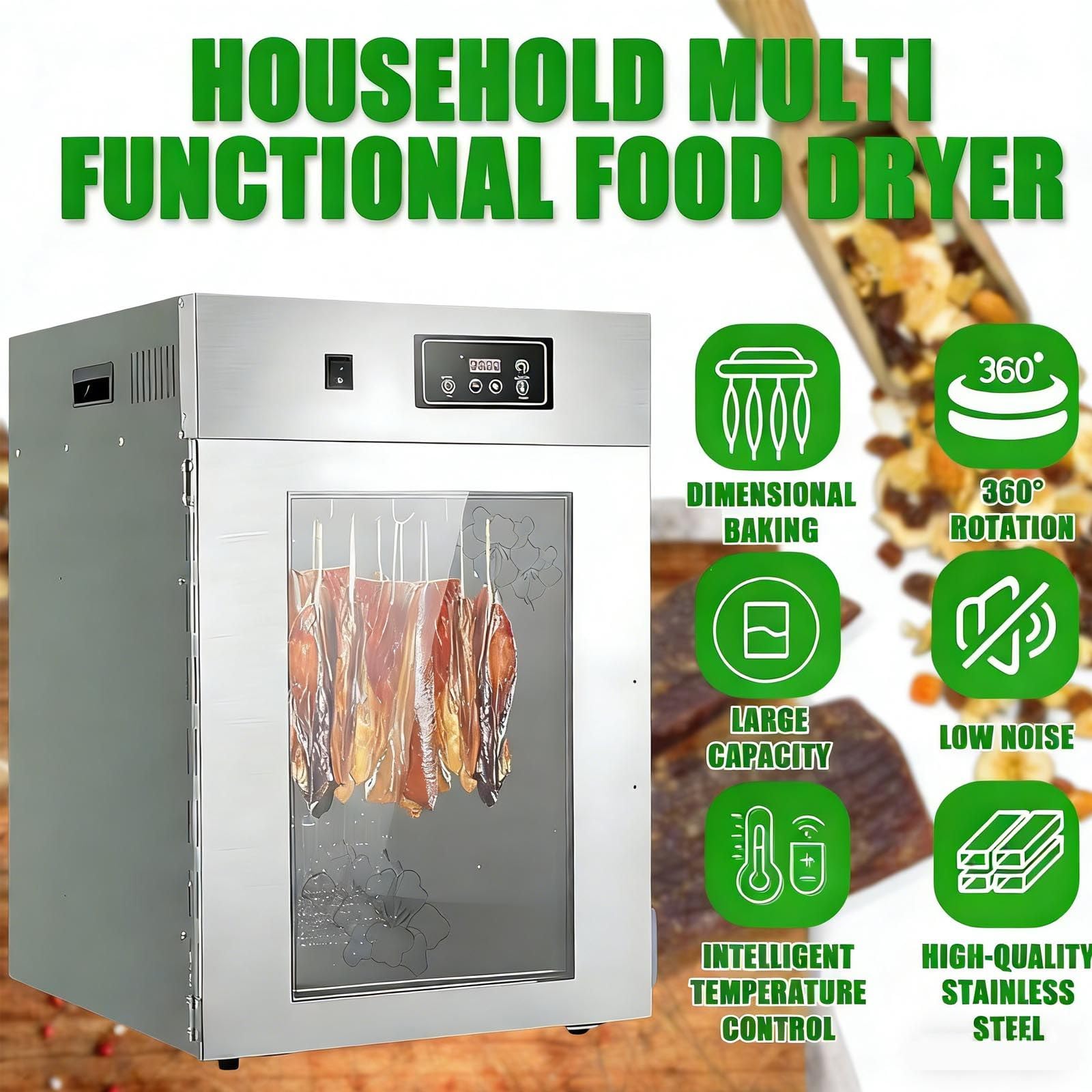 Edelstahl-Biltong-DöRrgeräT,Trockenschrank Für Fleisch– GroßEs FassungsvermöGen (7,5Kg),14 Haken, Temperaturregelung Von 30–90°C – Zum Trocknen Von Biltong, Fleisch Und Wurst