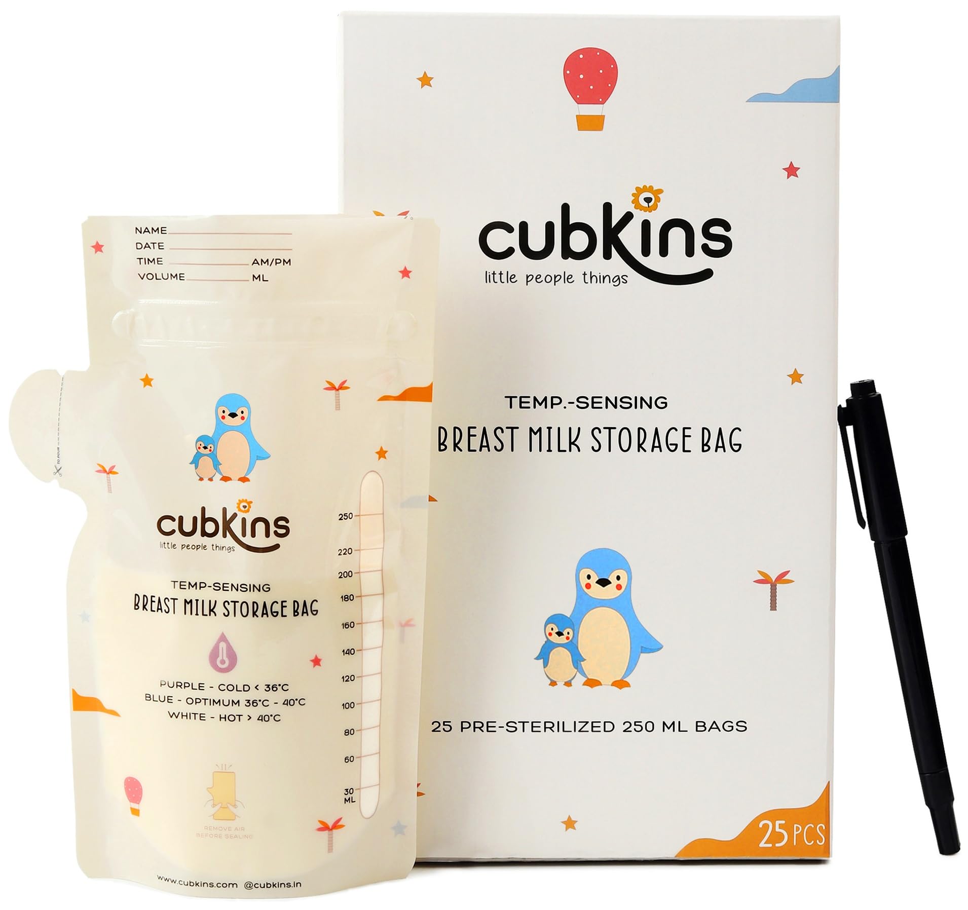 CUBKINS Breast Milk Storage Bags (Pack of 25) | Pre-Sterilized | Smart Temp Sensor | BPA Free | Single Use | Leak Proof Double Zip | Separate Fill & Pour Spouts | 250 ml Capacity | Marker Included