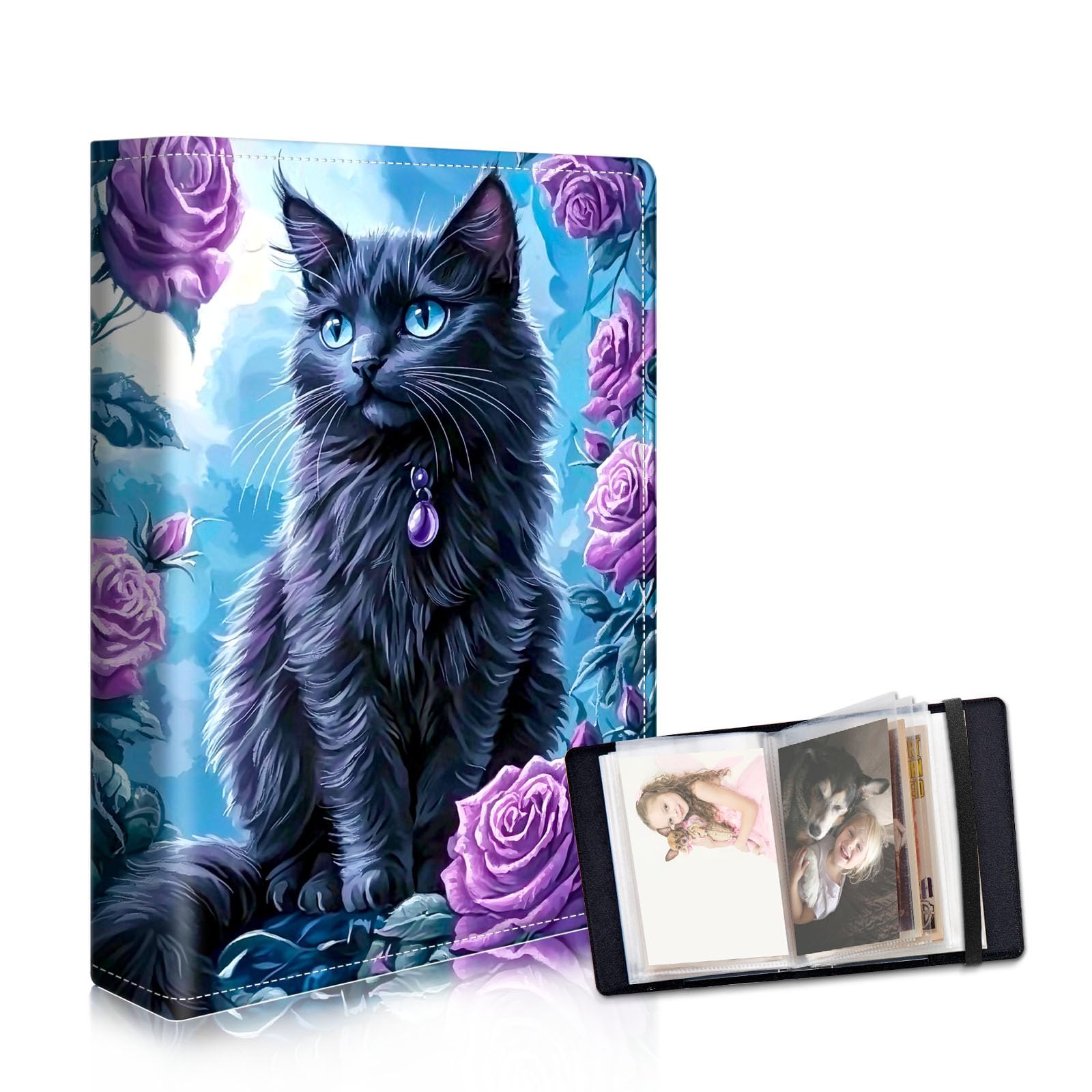 DISUOFEART Photo Albums 4x6 Pictures, Large Capacity Leather Cover Photo Book with Clear Pockets, Black Cat Purple Roses Family Picture Album for Wedding Anniversary Baby Travel