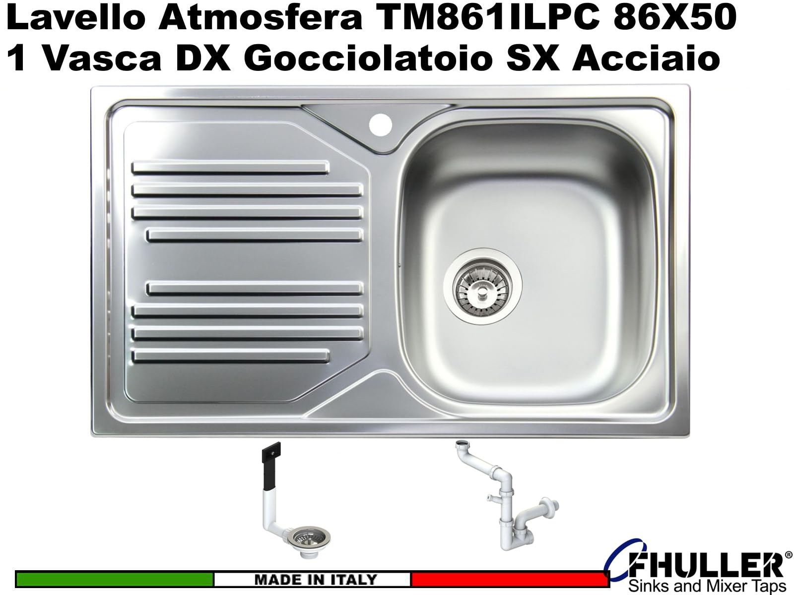Lavello Cucina 1 Vasca Destra con Gocciolatoio Sinistro cm. 86 X 50 Acciaio Inox e Miscelatore