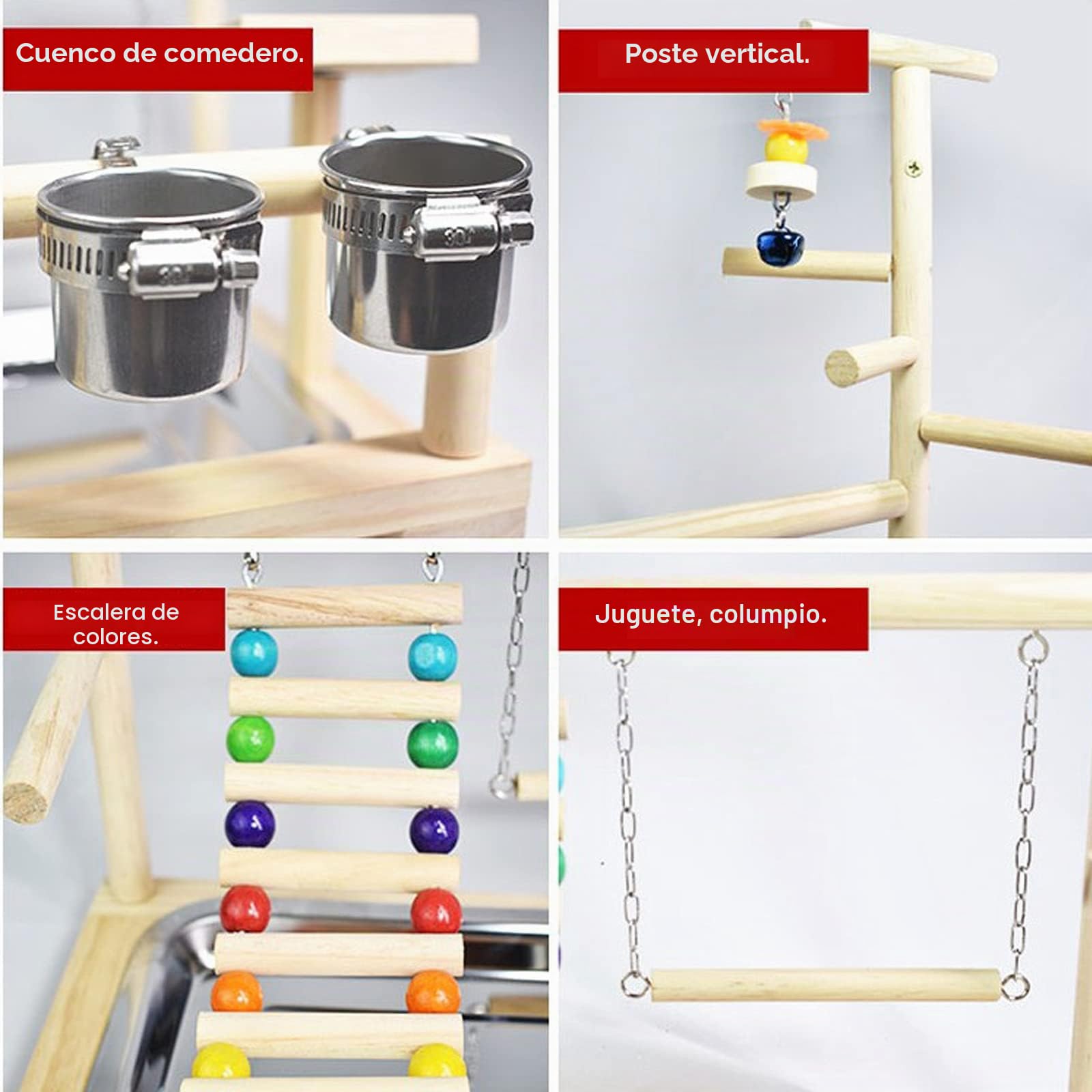 Soporte de Madera para Loros y Pájaros, Patio de Recreo, Gimnasio,Juego de Juguetes, con Perchas, Escaleras y Columpio, para Eclectus Scarlet Macaw Cacatua Monk Parrocchetto Quaker