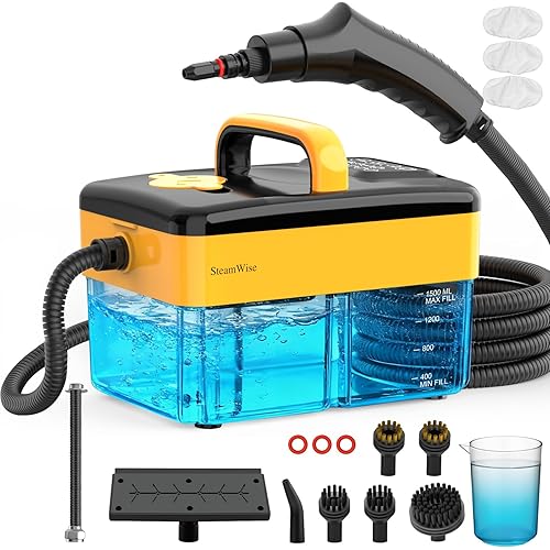 10S Fast Heating Heavy Duty Steam Cleaner 7 Adjustable Levels, 1.6 Quarts Tank, Continuous Spray, Natural Deep Cleaner, Portable Handheld Steamer with 15 Accessories for Home, Car, Tile (Yellow)