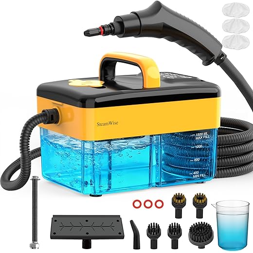 10S Fast Heating Heavy Duty Steam Cleaner 7 Adjustable Levels, 1.6 Quarts Tank, Continuous Spray, Natural Deep Cleaner, Portable Handheld Steamer with 15 Accessories for Home, Car, Tile (Yellow)