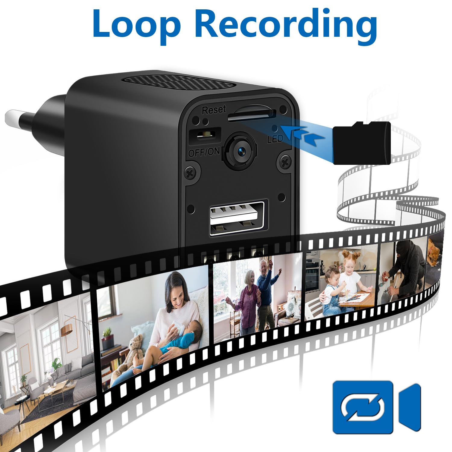 Caméra Espion Caméra Cachée 1080P USB Chargeur Mini Camera de Surveillance USB Caméra de Nounou Portable avec Détecteur de Mouvement, caméra de sécurité compacte (No APP)