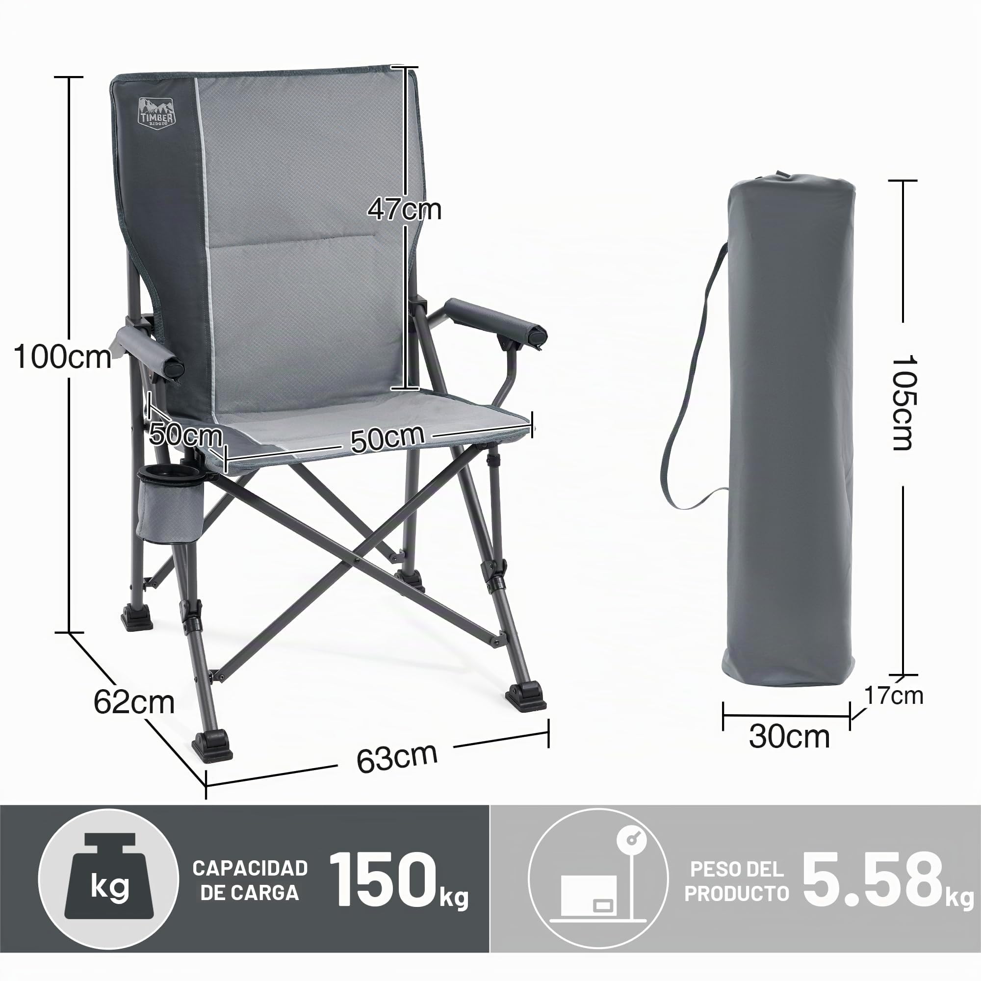 Timber Ridge Silla de Camping Plegable 150 kg Respaldo Alto Silla Plegable portátil con portavasos Reposabrazos Duro Silla de Pesca para Camping, Picnic, jardín, balcón