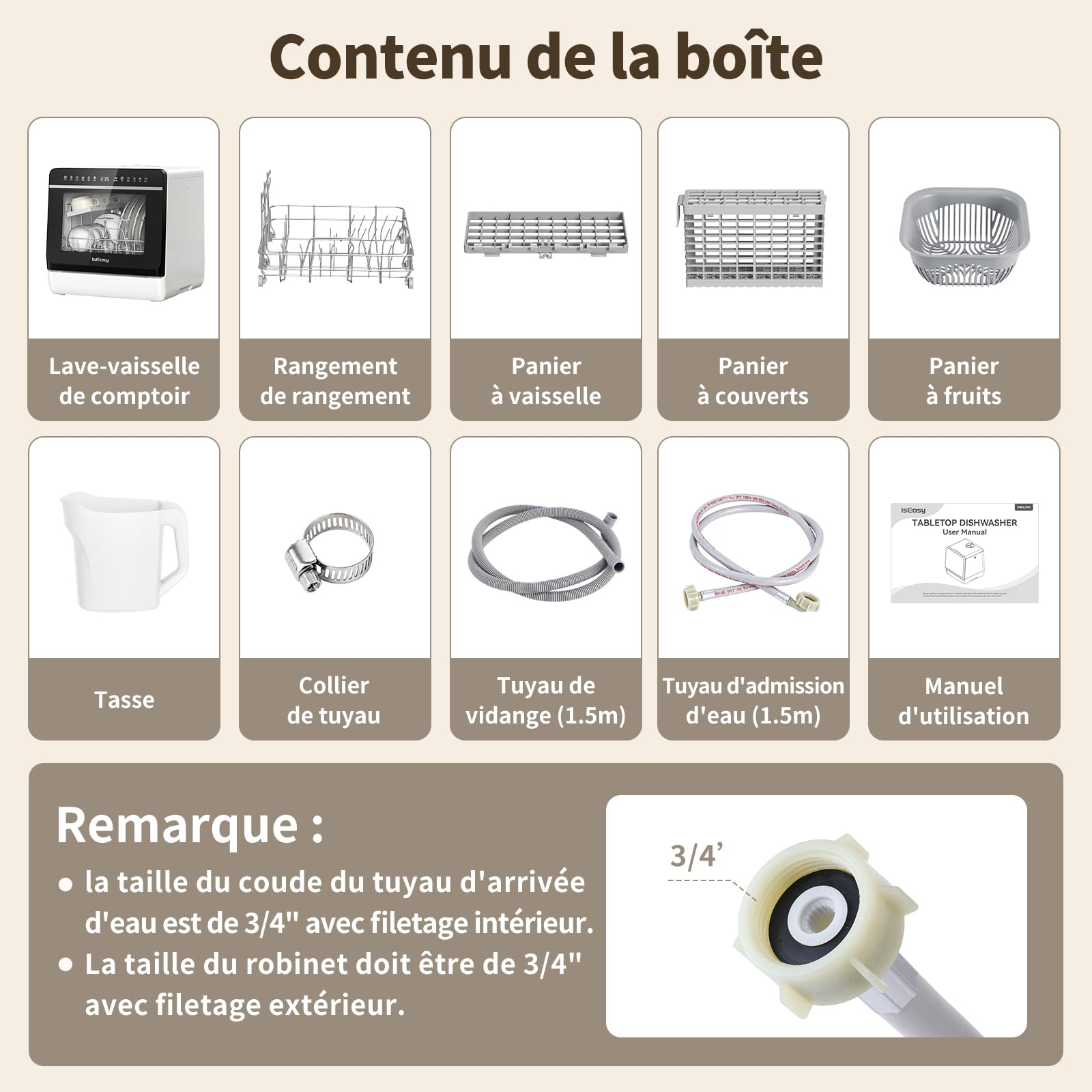 Mini lave-vaisselle de table 950 W, 3 couverts, 5L réservoir amovible, 7 programmes, 72 °C, écran LED tactile