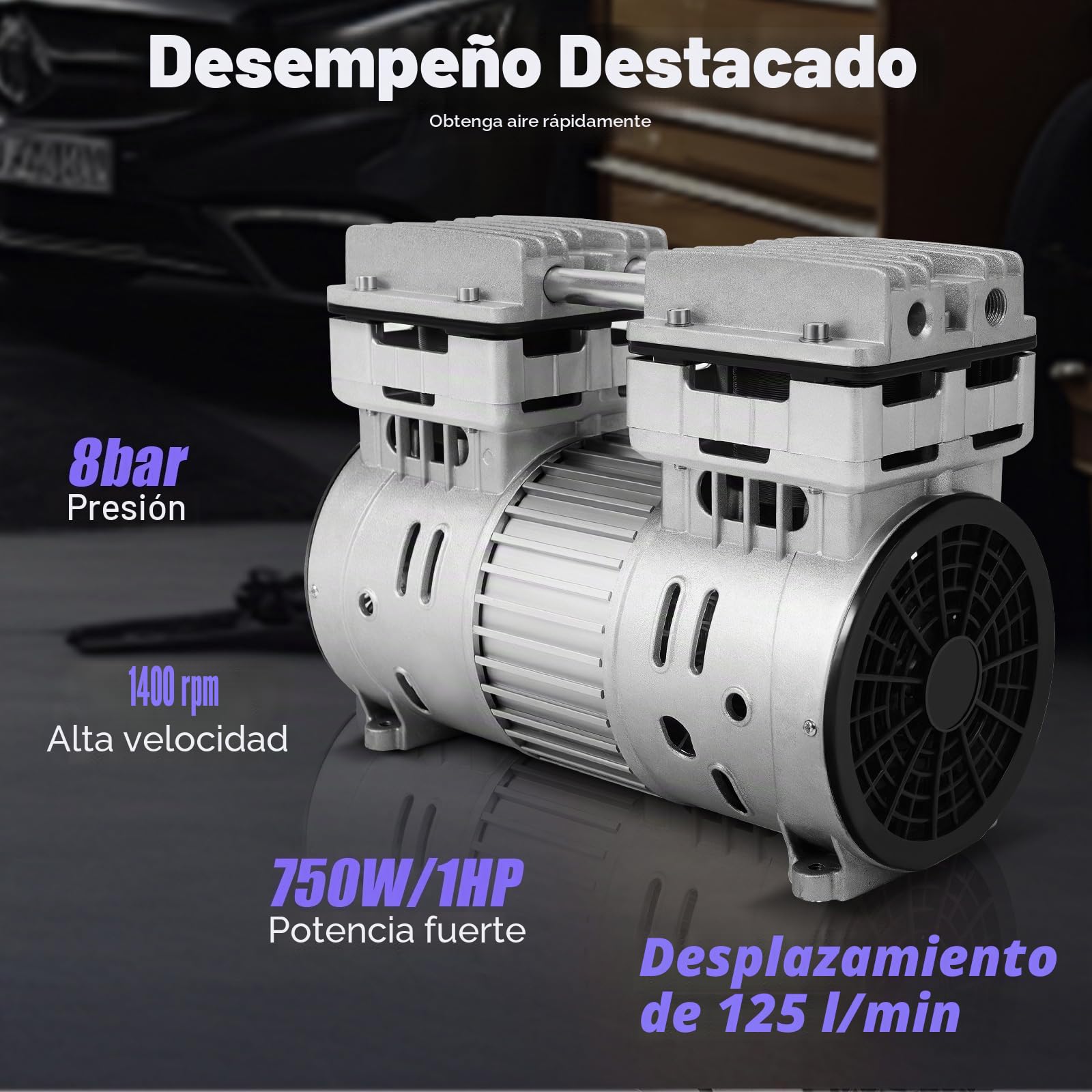 Compresor silencioso, sin aceite, 750 W, 8 bar, 125 L/min, 69 dB, silencioso, compresor de aire con motor de cobre y protección térmica para taller de inflado de neumáticos