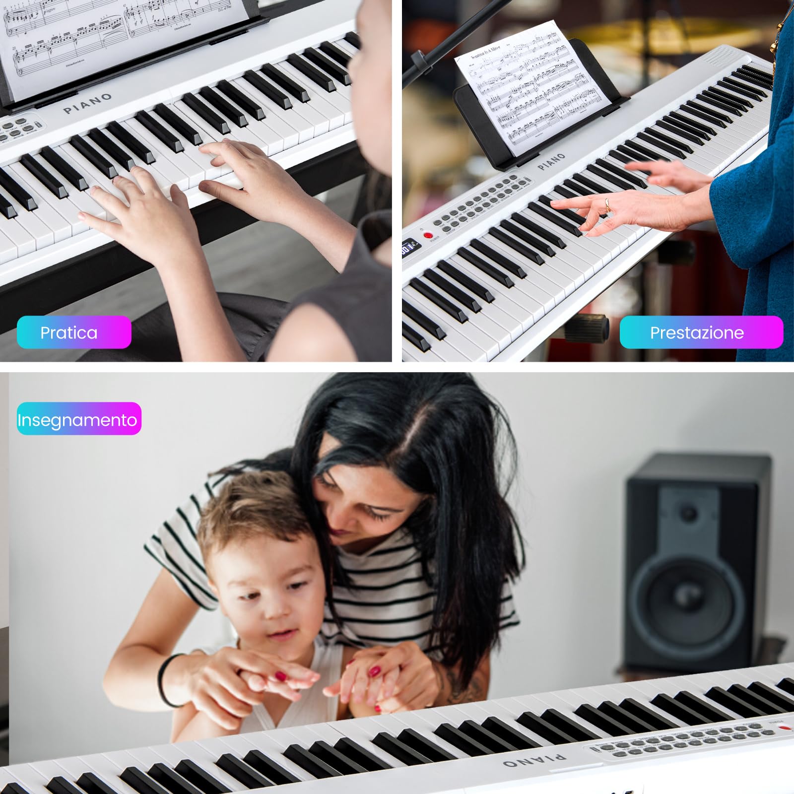 RELAX4LIFE Pianoforte Digitale Pieghevole a 88 Tasti, con MIDI Wireless, Altoparlanti Doppii, 1000 Timbri, 1000 Ritmi, Tastiera Portatile per Principianti, Bambini, Adulti (BIANCO)