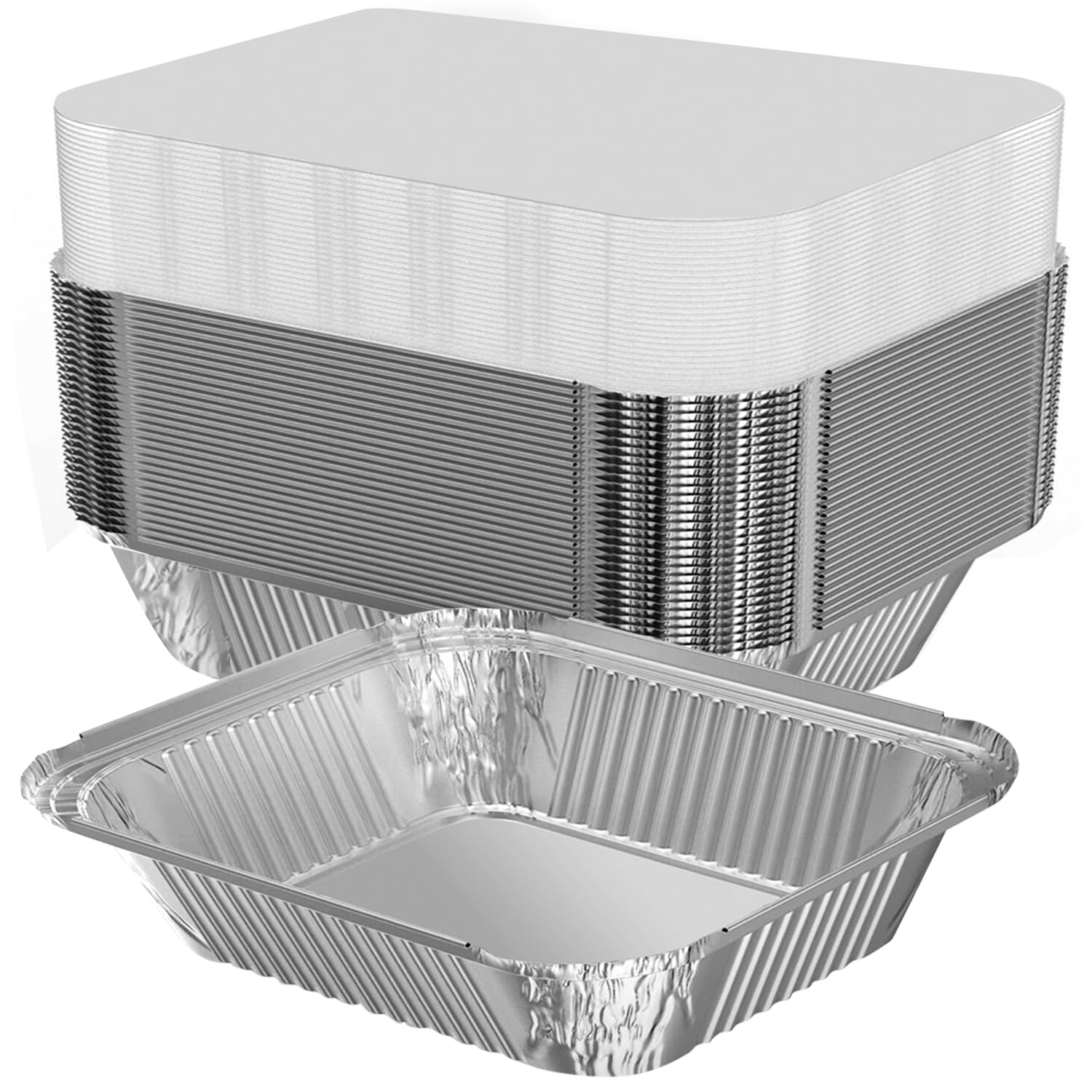 WANBAO Paquete de 100 sartenes desechables de aluminio de 8.3 x 6.2 pulgadas con tapas, recipientes de aluminio de 2.2 libras para cocinar, hornear, catering, preparación de comidas para llevar