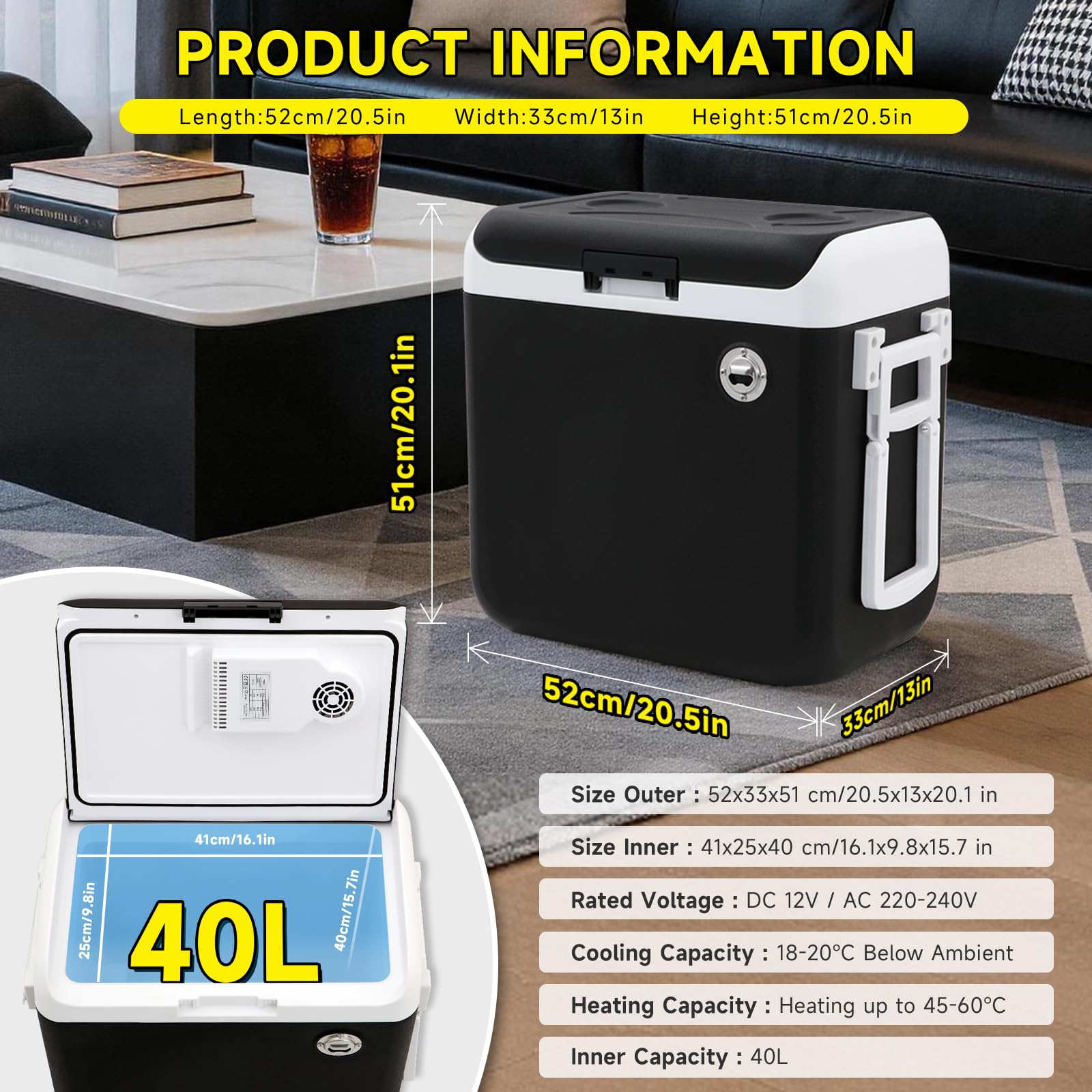 Frigorifero Portatile 40L – Mini-Frigo 12/230 V, raffredda & riscalda (fino a 65°C), Modalità ECO, per Auto, Camper e Barca