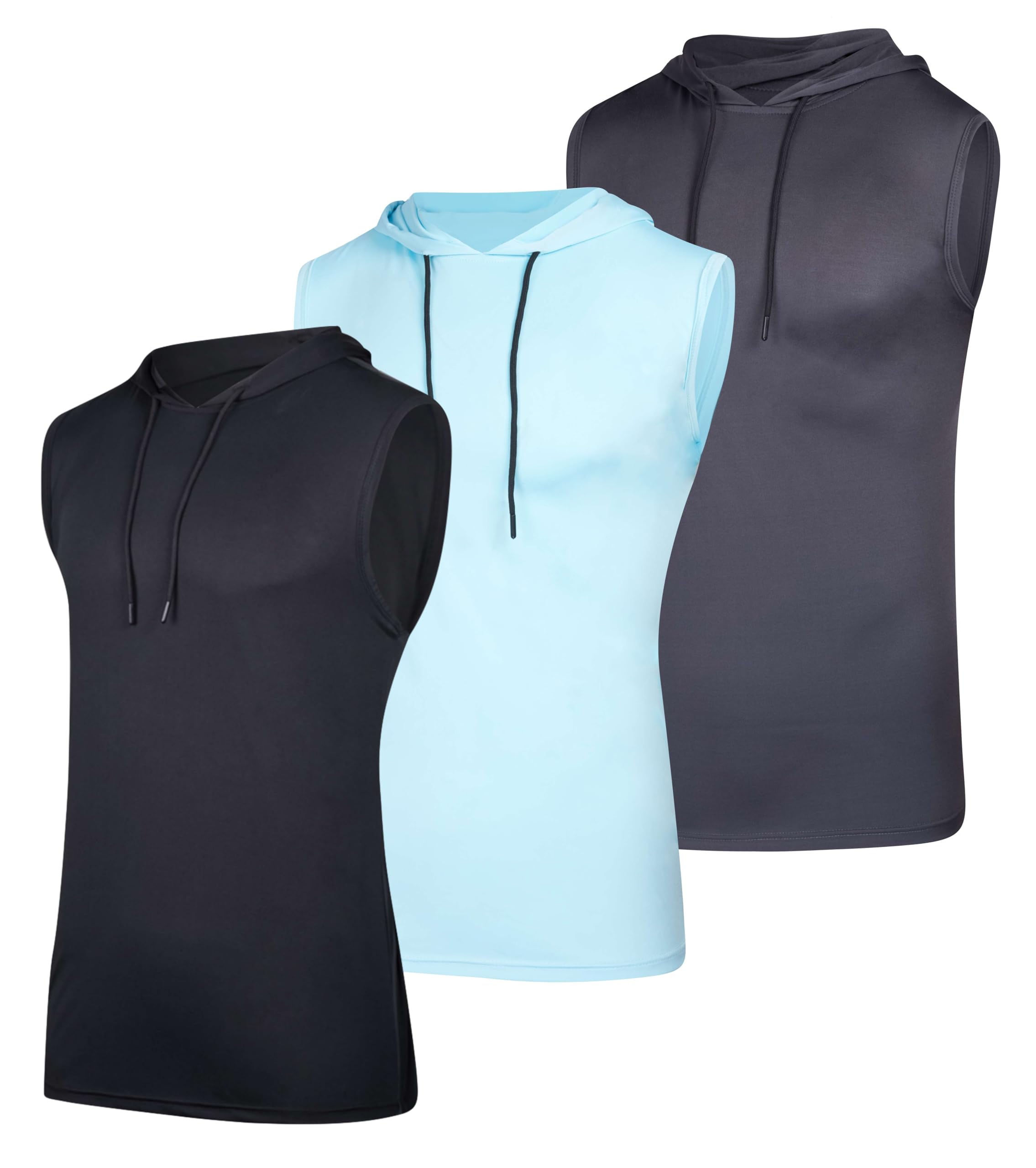 Real Essentials 3 Pack: Mens Dry-Fit Active Hooded Tank Top - Workout Sleeveless Hoodie Drawstring (Available in Big & Tall)