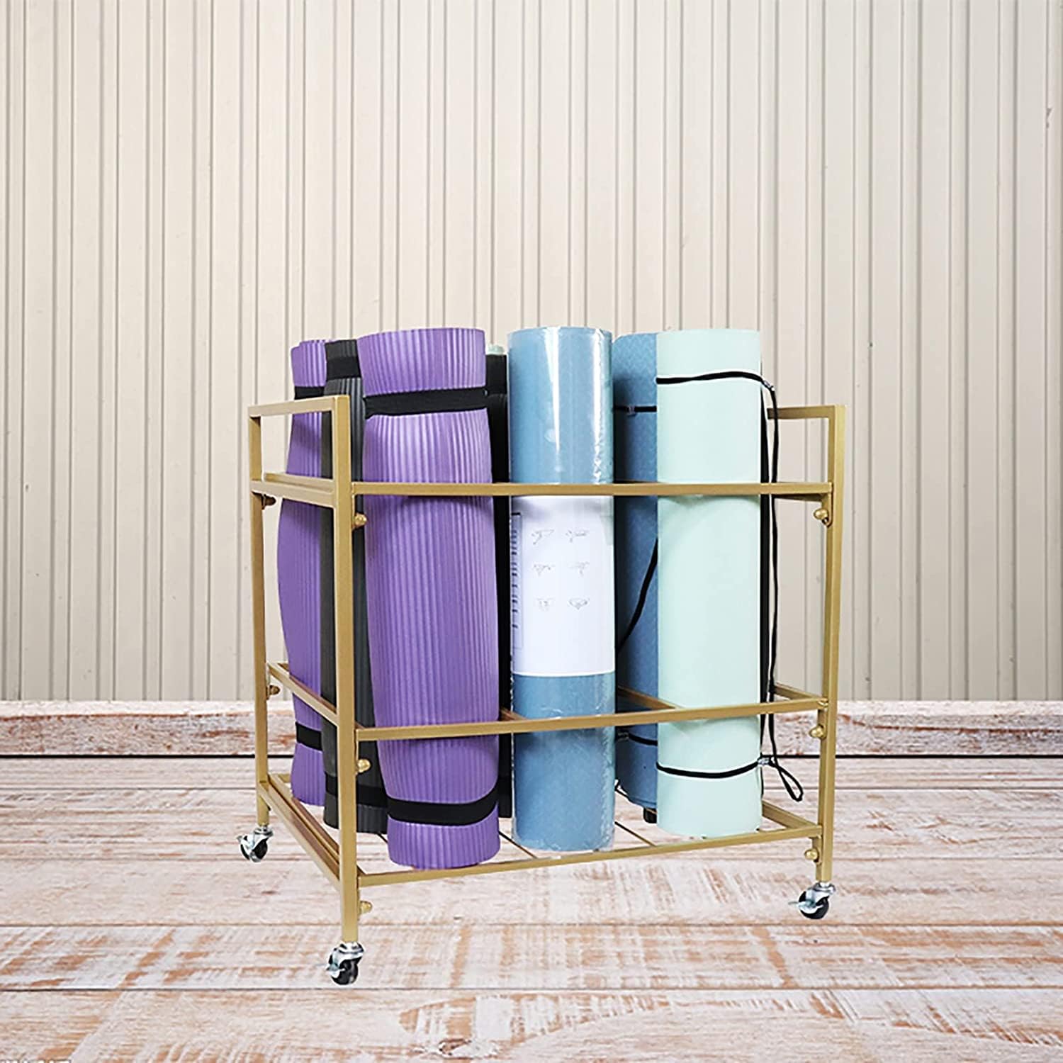 D Tappetino da yoga mobile Sto Cart con ruote e maniglia supporto per rotolo in schiuma di metallo per palestra, studio, sala fitness, ideale per scuole e salotti