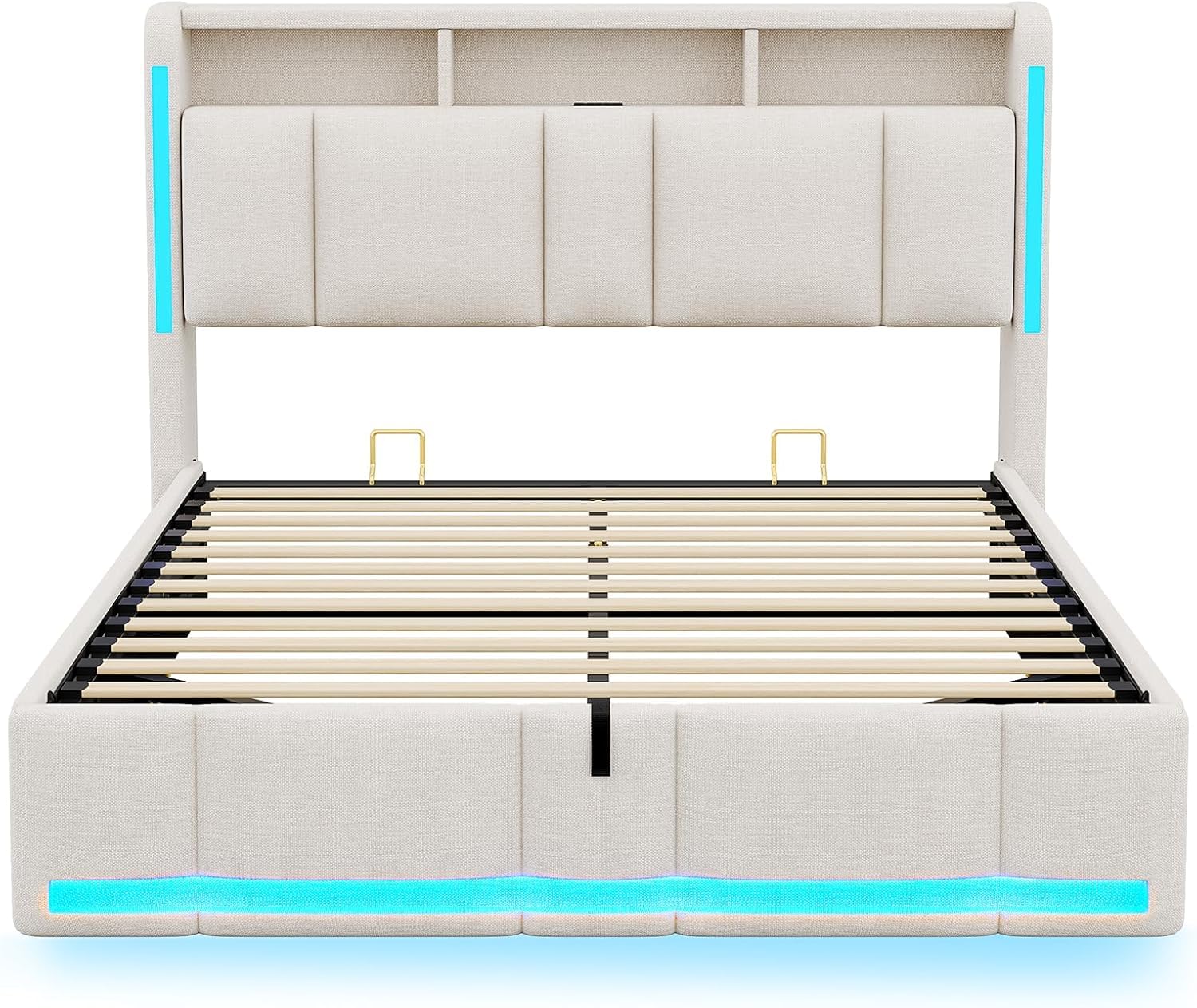 AOGLLATI Letto Matrimoniale con Contenitore 140x200 cm, Struttura Letto Matrimoniale con Illuminazione a LED e Stazione di Ricarica, Letto Imbottito con Sollevamento Idraulico e Testiera, Beige