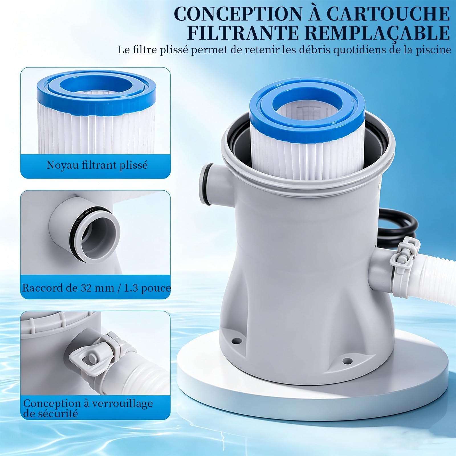 Pompe Piscine, Pompe Filtration Piscines, Système de Filtration pour Piscine Hors Sol 300 Gph avec Filtre à Cartouche électrique, Circulation d'eau claire,pour Piscines de Petite et Moyenne Taille
