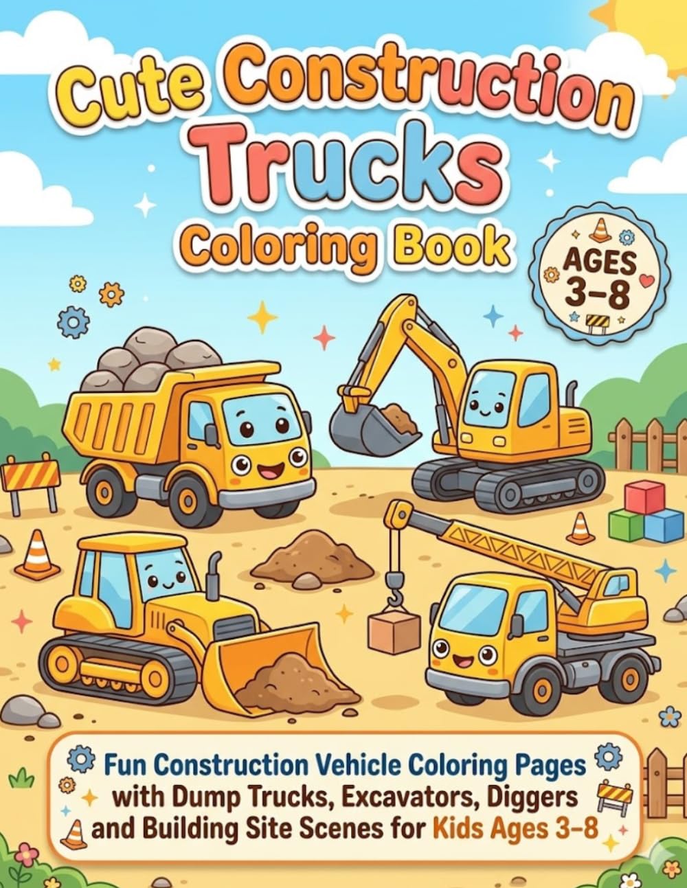 Cute Construction Trucks Coloring Book: Fun Construction Vehicle Coloring Pages with Dump Trucks, Excavators, Diggers and Building Site Scenes for Kids Ages 3-8