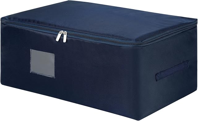 Amazon Brand Umi 49L Large Underbed Clothes Storage Bag with Sturdy Zipper, Foldable Storage Box with Reinforced Handle for Comforters, Duvets, Blankets, Bedding -Large, Dark Blue