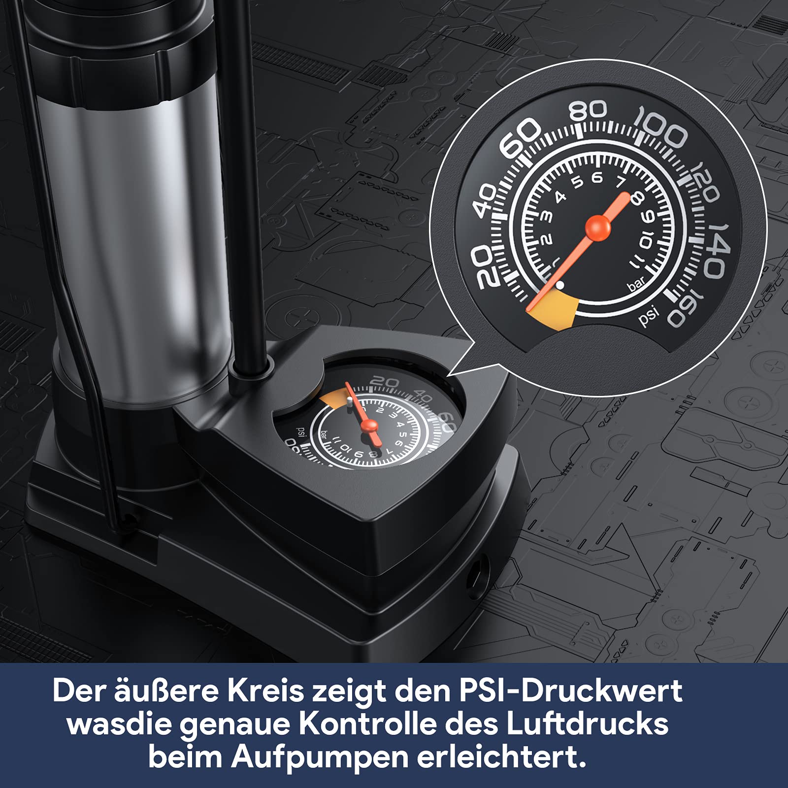 Fahrradpumpe Mini-Luftpumpe mit großem Manometer - Mini und tragbar, 11bar/160PSI, Dualkopf, Minipumpen für alle Ventile, geeignet für Fahrräder, Bälle, Schwimmringe und Luftmatratzen