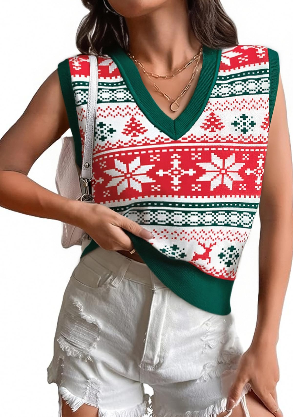 Christmas Sweater Vest Women Ugly Christmas Knit Sweaters Santa Snowflake V Neck Vests Xmas Holiday Sleeveless Tank Top