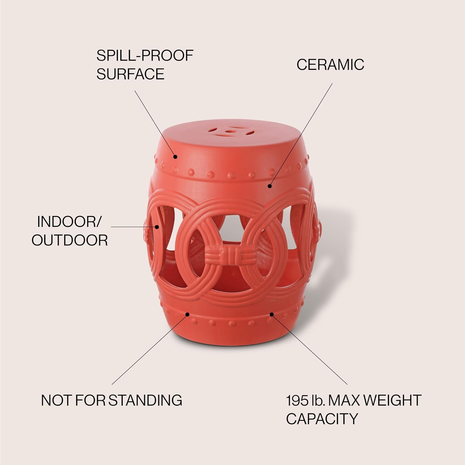 JONATHAN Y Lucky Coins 16" Ceramic Garden Stool, Contemporary Matte Coral Cutout Interlocking Rings Drum Indoor/Outdoor Side Table and Plant Stand for Patio, Garden, Living Room TBL1022G