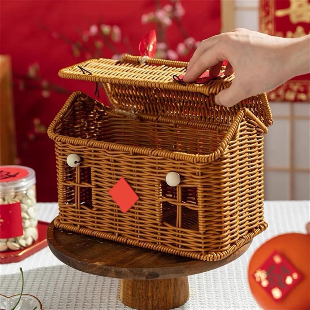 Nihcora Rattan Korb In Hausform Mit Deckel - Naturfarbener Aufbewahrungskorb Für Picknicks