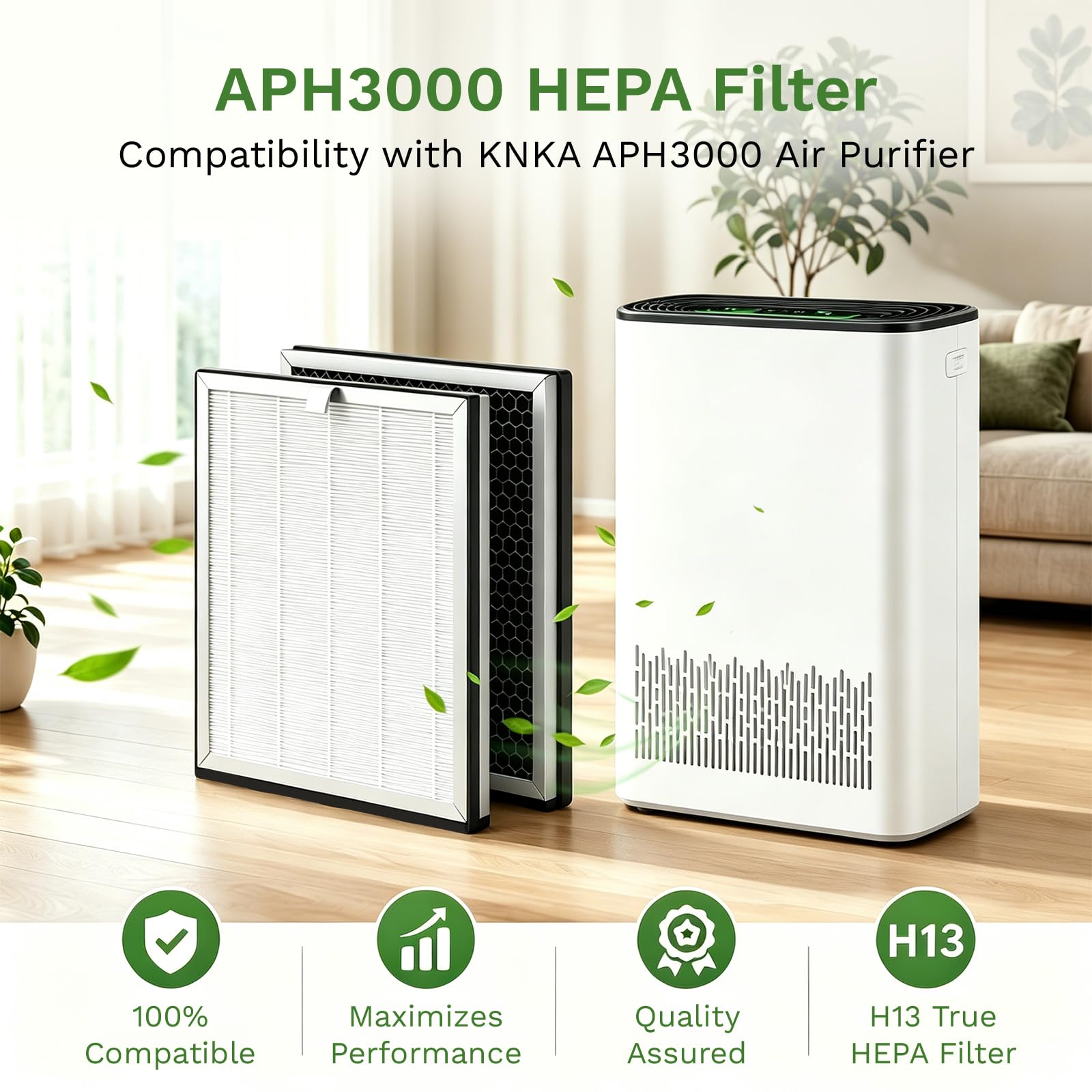 2er Ersatzfilter Kompatibel mit KNKA Luftreiniger APH3000, 3 Stufen der Luftreiniger Filter mit True HEPA Filter H13 und Aktivkohlefilter, Entfernt 99,97% Staub, Pollen, Gerüche