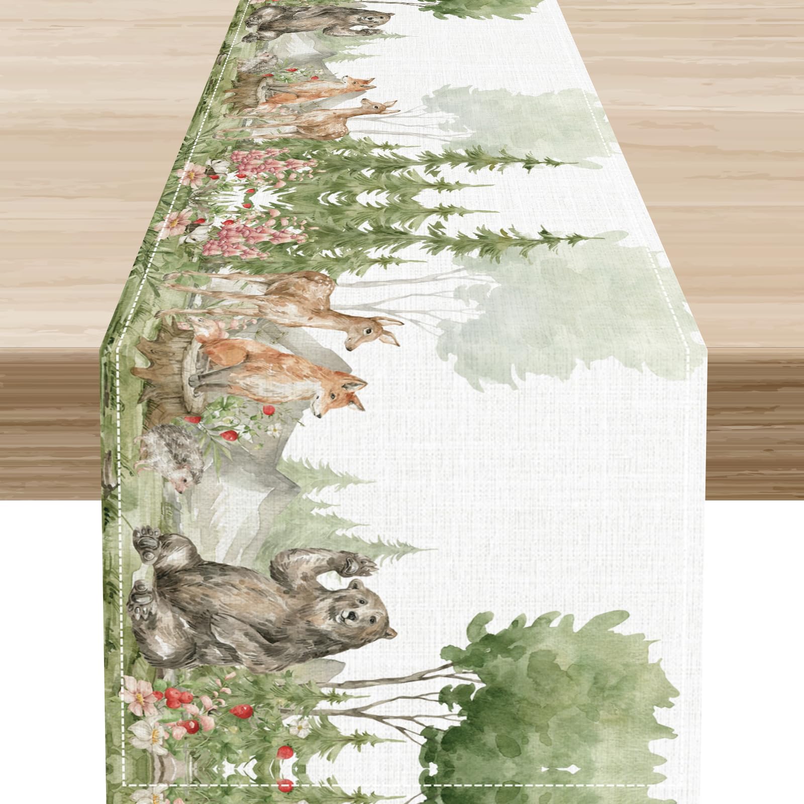 Watercolor Woodlandd Animals Table Runner, Wild Rustic Forest Deer Bear Fox Seasonal Spring Table Center Deco, for Kitchen Farmhouse Country