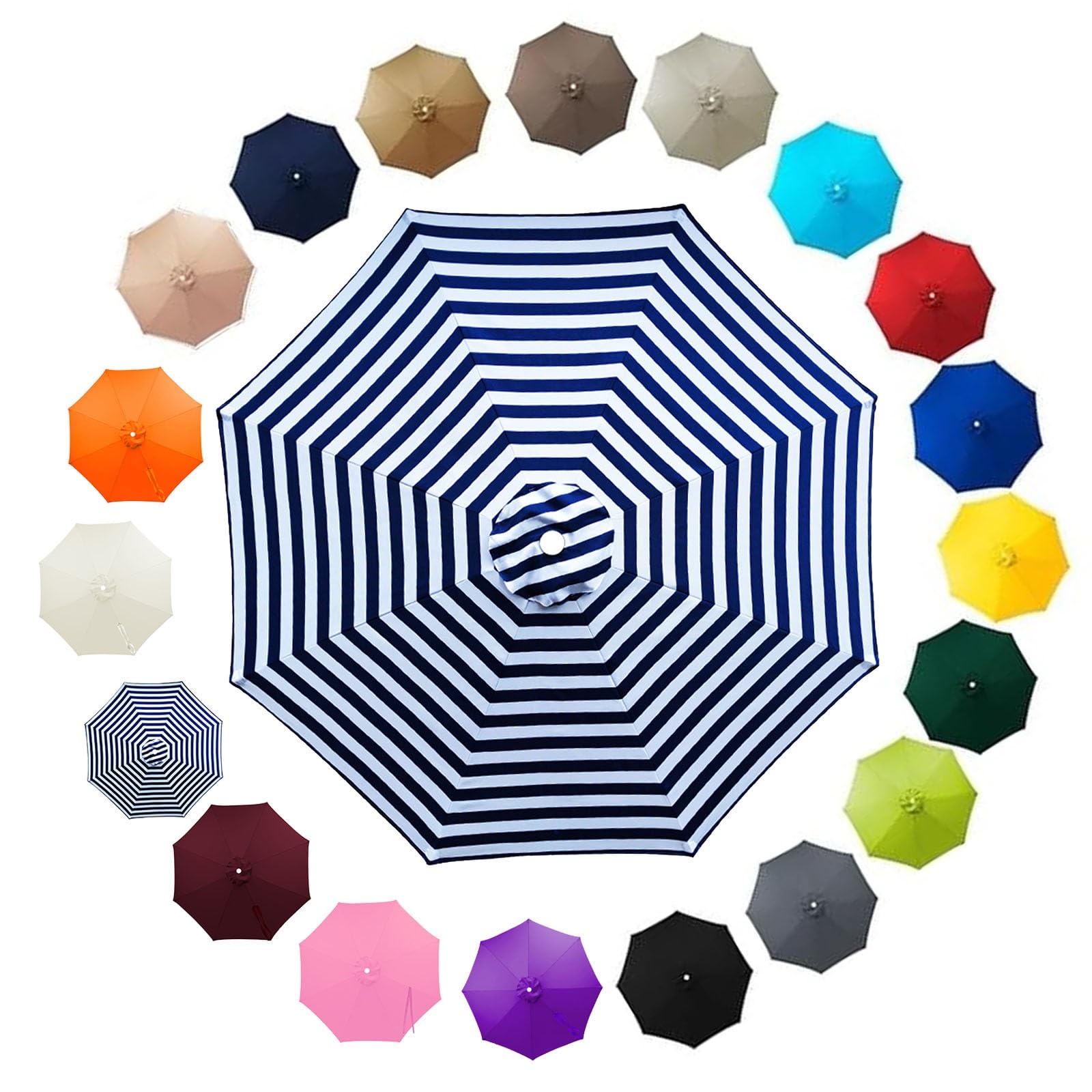 Outdoor Patio Parasol Replacement Canopy 2.5m 2.8m 3.30m 3.5m 6/8 Ribs, Fade Resistant Garden Umbrella Top Fabric Cover, Waterproof UV Protection Sunshade Cloth(Blue White,2.7m/8 Arms)