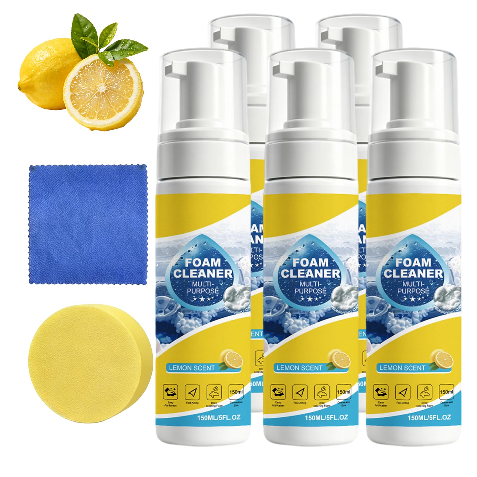 4-in-1 Multi No-Rinse Foam Cleaner für Autoinnenraum Ledersitz Reviver mit Zitrone frischem Duft, Couch Cleaner Spray, 150Ml Polsterreiniger Schaum, Allzweckreiniger für Leder (5 stücke)
