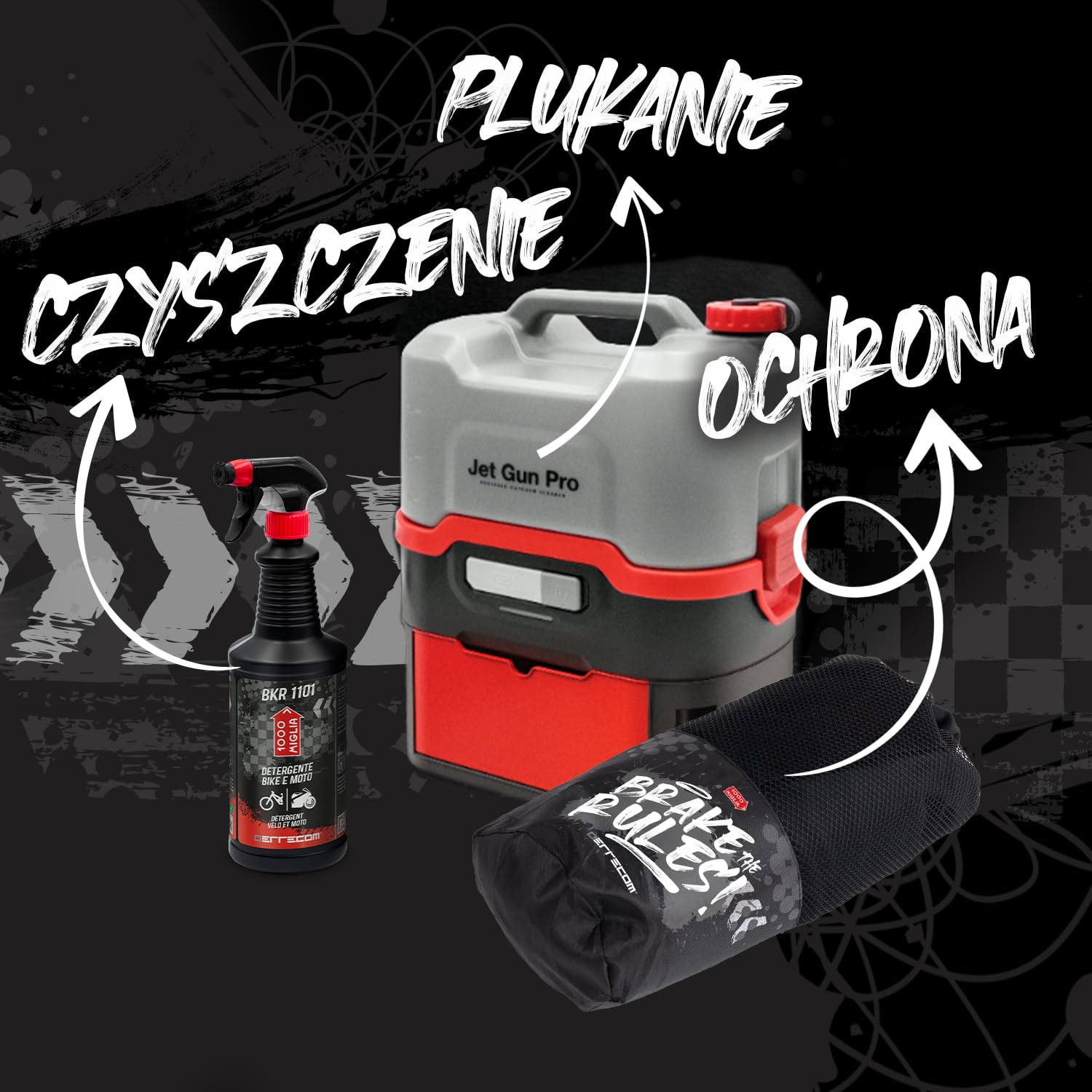 ERRECOM 1000 Miglia Zestaw do Czyszczenia Rowerów: JET GUN PRO+ Przenośna Myjka Ciśnieniowa ze Zbiornikiem na Wodę 8 L, BKR 1101 Środek Czyszczący do Rowerów 1L, Bike Cover Pokrowiec na Rower