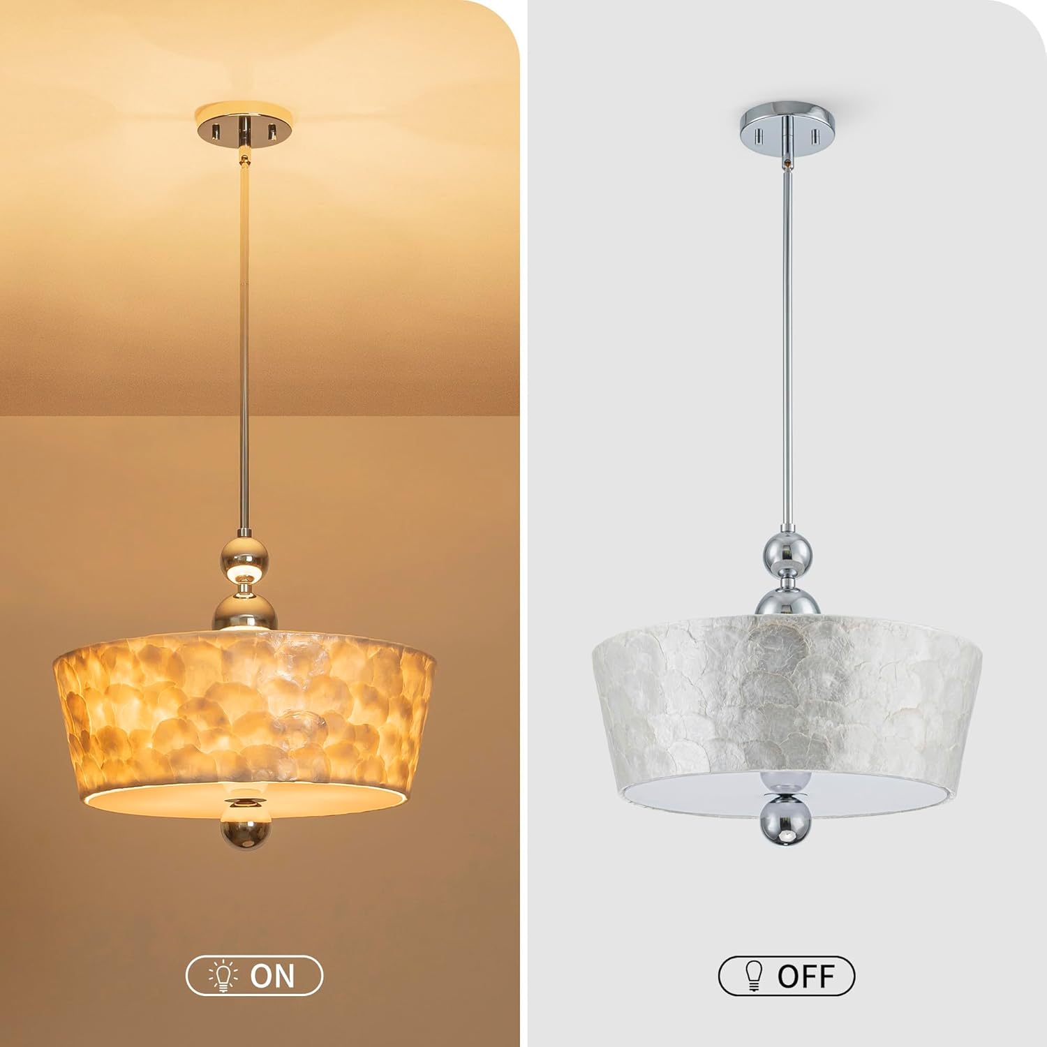 4-Light Conical Capiz Shell Chandelier, Coastal Style Pendant Light Fixture for Dining Room, Living Room, D18*H19~55 inch (Adjustable Height), Real Shell Lampshade & Chrome Finish