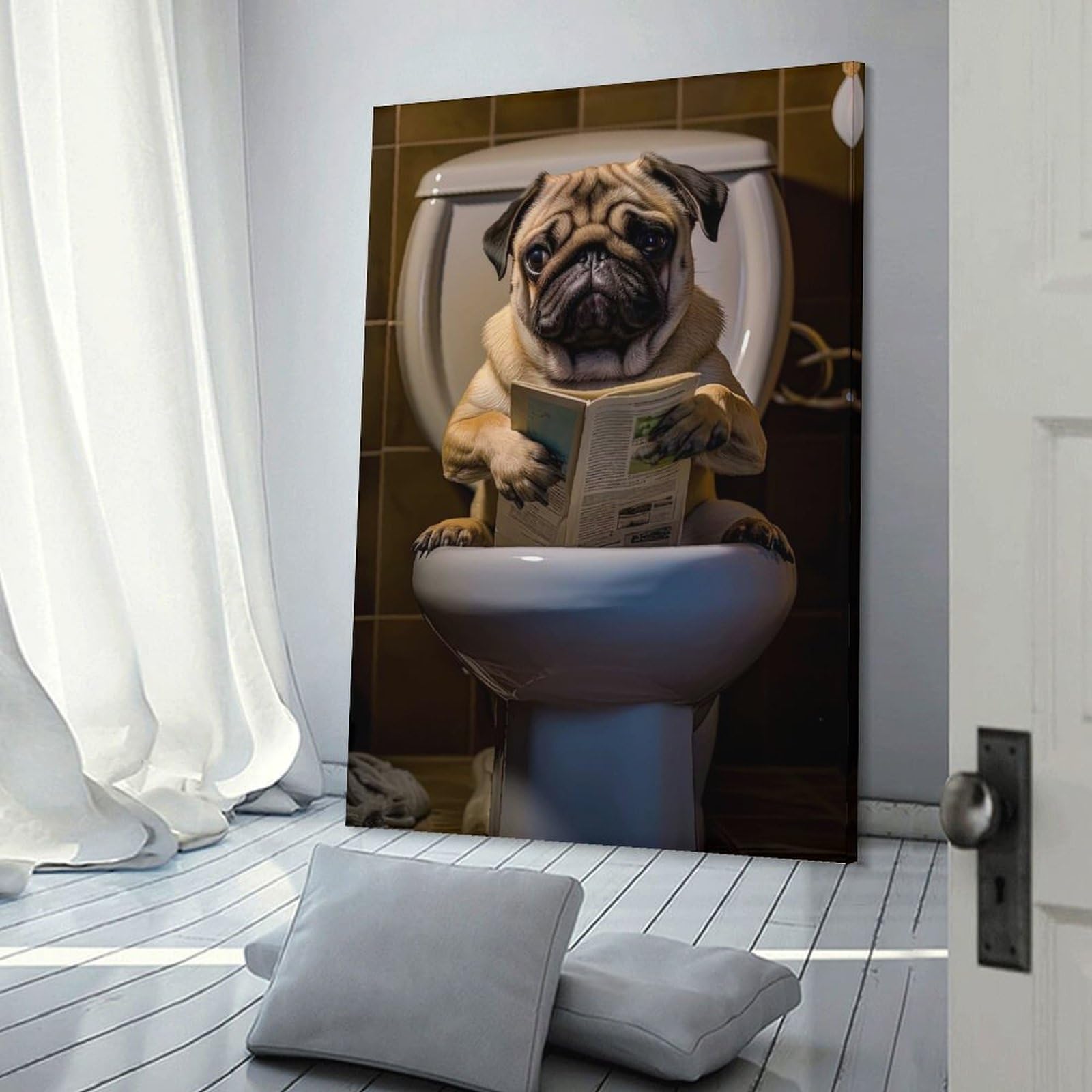 Junmoney Frame-Style-11 Canvas Art Print Pug Dog On The Toilet, 20X30inch(50X75cm), For Calm Bedrooms, Home Corners Or Flats, A Warm Accent For Relaxed Interiors