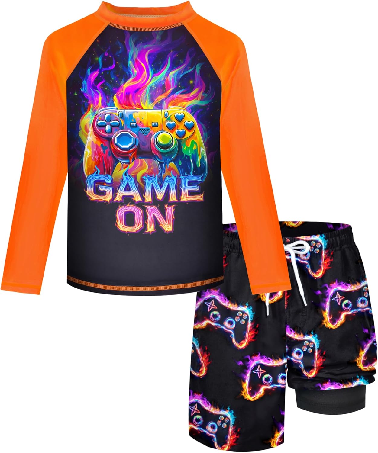 Boys Rash Guard Swim Set with Swim Trunks Bathing Suit Long Sleeve Swim Shirt Quick Dry Swimsuit Kids Swimwear Size 7-16