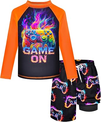 Boys Rash Guard Swim Set with Swim Trunks Bathing Suit Long Sleeve Swim Shirt Quick Dry Swimsuit Kids Swimwear Size 7-16